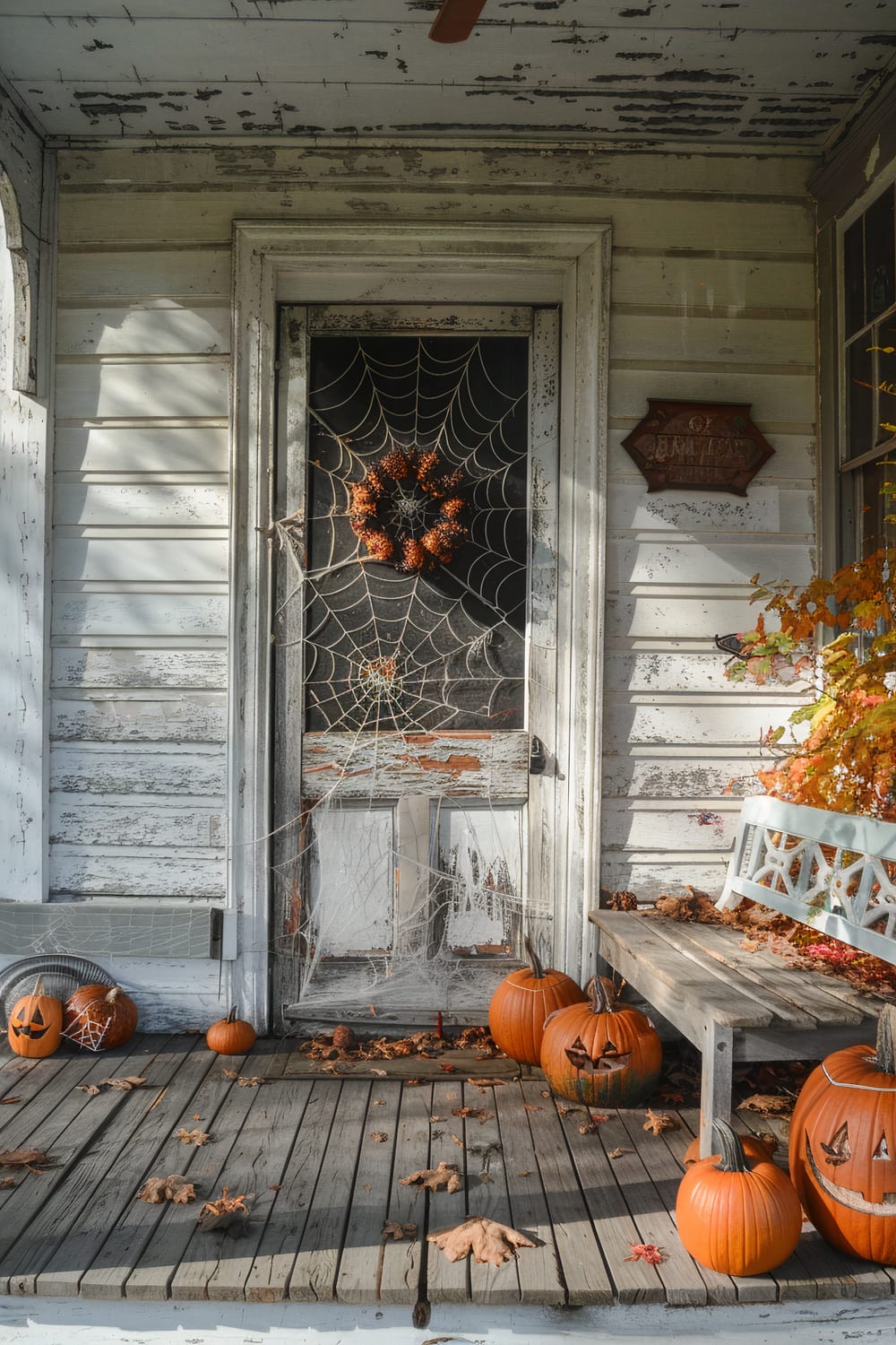 An old, weathered porch decorated for Halloween. The porch has aged, peeling paint on the wooden walls and ceiling. The door features a large spider web decoration with an autumn wreath of orange berries in the center. There are several pumpkins, some with carved faces, arranged on the wooden floor along with scattered dried leaves. To the right, a wooden bench with a decorative cushion holds more pumpkins and autumn foliage.