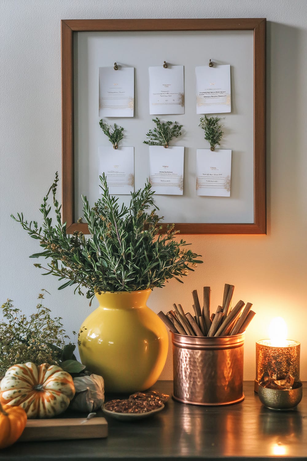 A Friendsgiving interactive recipe sharing station featuring a white corkboard with five metallic silver recipe cards pinned on it. A deep yellow vase with fresh rosemary and thyme is placed near a copper green decorative container holding cinnamon sticks and star anise. A metallic silver lamp is focused on the corkboard, and a small pumpkin and rustic wooden sign are also visible. The area is illuminated with soft ambient lighting, highlighting the warm autumn tones against a clean white wall.