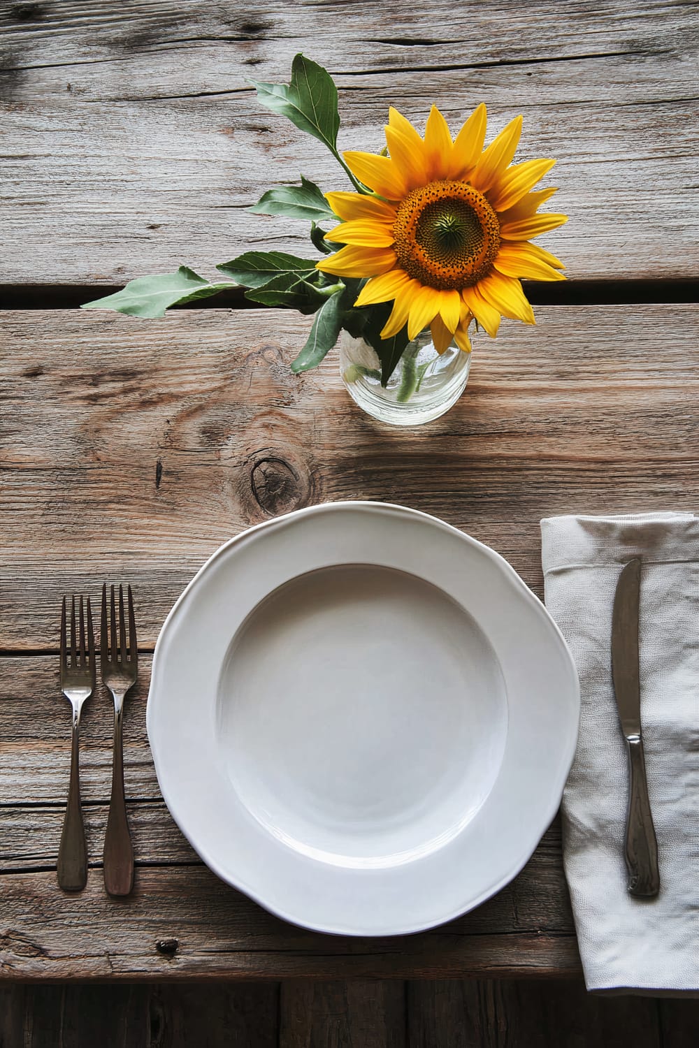 A rustic table setting with a single white plate at the center, accompanied by two forks on the left and a knife resting on a white napkin on the right. On the upper right, there is a vase with a bright yellow sunflower.