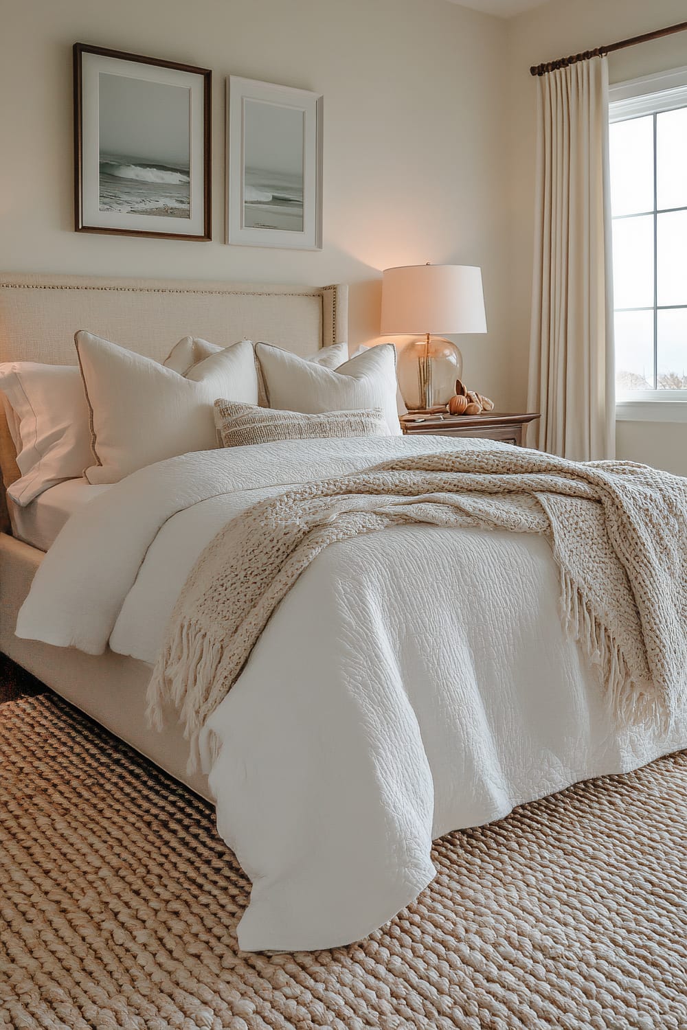 An elegant bedroom featuring a bed with a plush, white bedspread, several white pillows, and a knitted beige throw blanket. The bed is placed against a light beige backdrop with two framed black-and-white ocean photographs above the headboard. To the right, a wooden nightstand supports a clear glass lamp with a white shade, placed next to a decorative pumpkin. A large window with open beige curtains allows natural light to brighten the room. The floor is covered with a textured, beige woven rug.