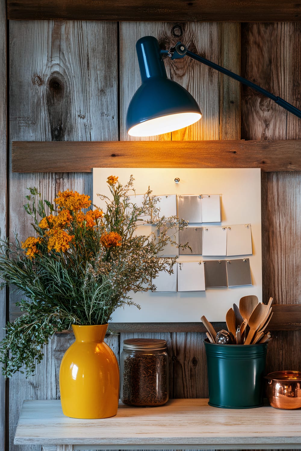 A Friendsgiving interactive recipe-sharing station with a white corkboard adorned with metallic recipe cards, a yellow vase with herbs, and a green container with wooden utensils, all highlighted by a cobalt blue lamp against a rustic wooden wall.