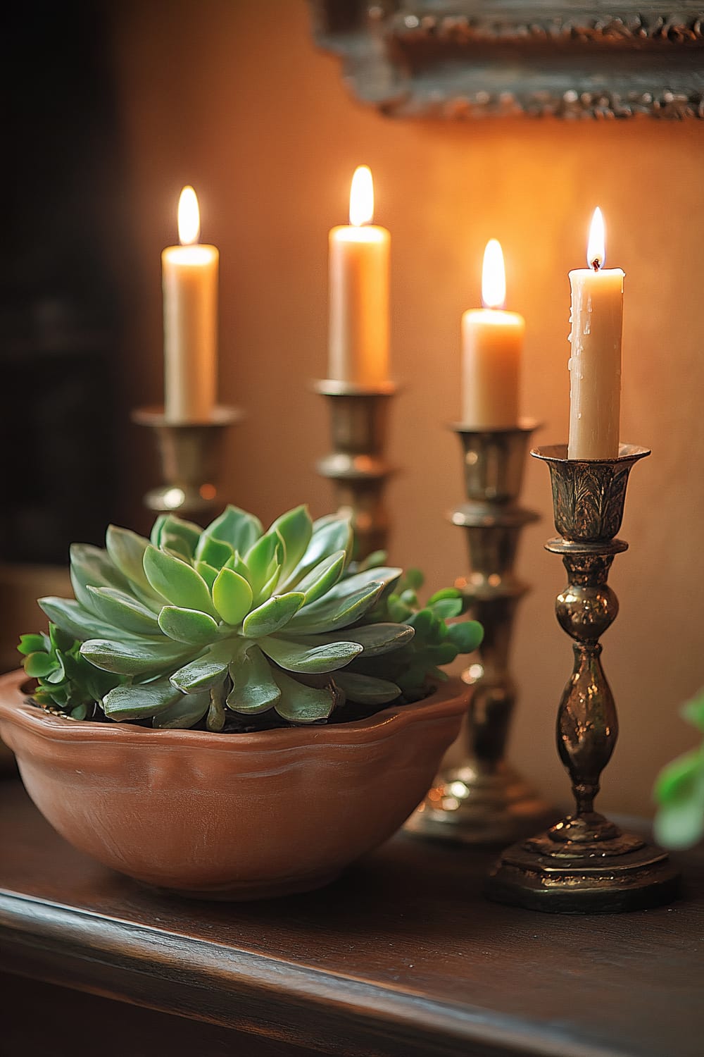 A vintage-themed Friendsgiving mantel display featuring a large terracotta planter with green succulents, and four vintage brass candle holders holding lit candles. The scene is bathed in warm natural sunlight.