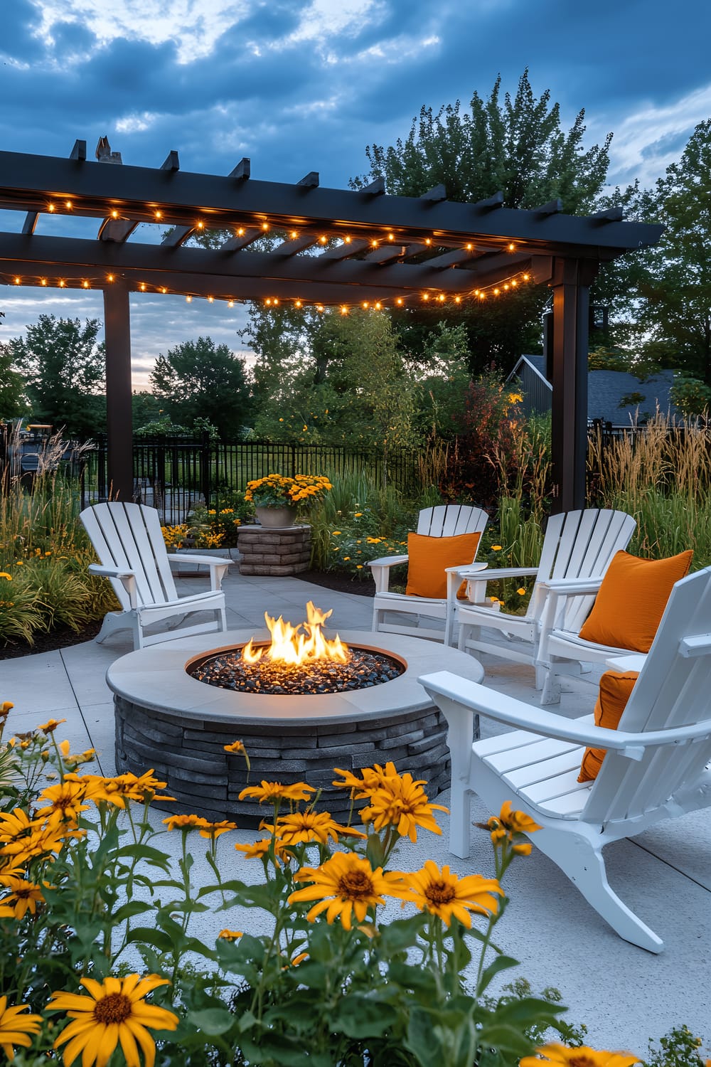 A modern back patio during twilight features a round stone fire pit in the center, surrounded by low white Adirondack chairs adorned with burnt orange and ochre throw pillows. The patio floor is made of smooth gray pavers, surrounded by lush green grasses and bright yellow flowers. Golden fairy lights are draped elegantly from a black steel pergola above, casting warm illumination. The twilight sky completes the picture, adding a soothing contrast to the warm ambiences below.