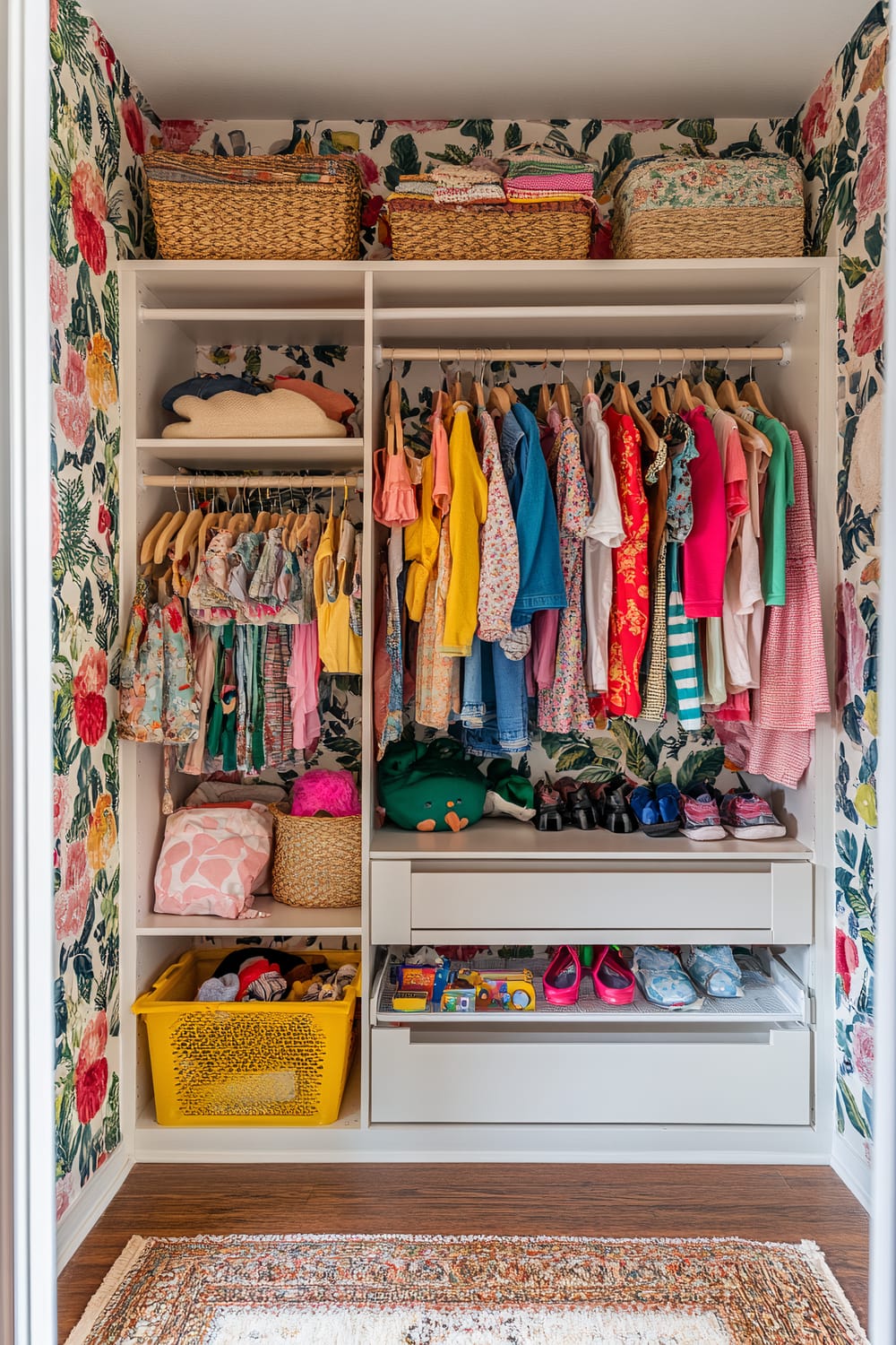 A vibrant child-friendly closet with colorful clothes hanging on two rods. The closet has open shelving filled with wicker baskets and fabric bins for organizing toys, shoes, and accessories. The back wall features playful patterned wallpaper. A small stool or step ladder is inside to help reach higher shelves, and soft lighting brightens the space.