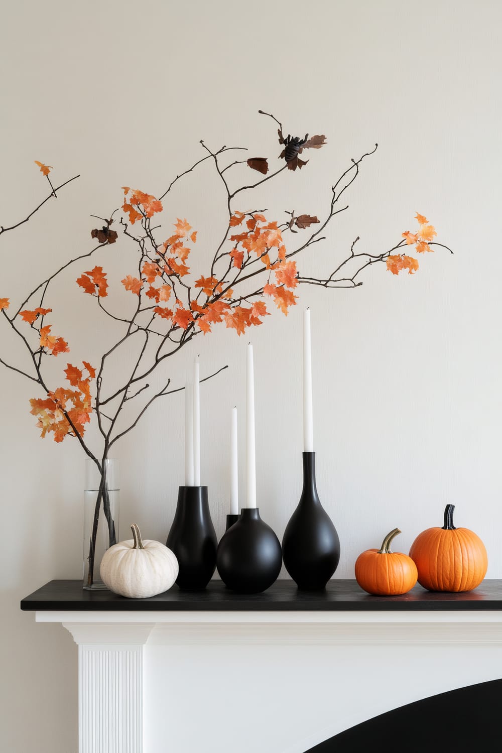 A mantelpiece decorated with three pumpkins of different sizes – one white and two orange. Black vases holding white taper candles are placed symmetrically beside the pumpkins. Branches with orange autumn leaves in a glass vase are arranged artistically behind the display.