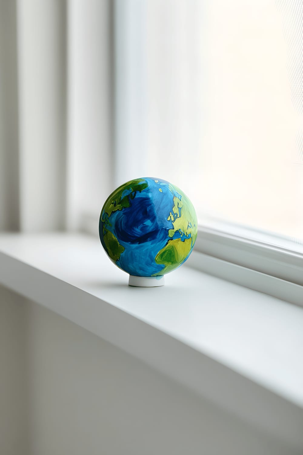 A small, hand-painted miniature globe in luminous blue and green, reflecting subtle natural light, positioned on a minimalist white shelf against a clean background.