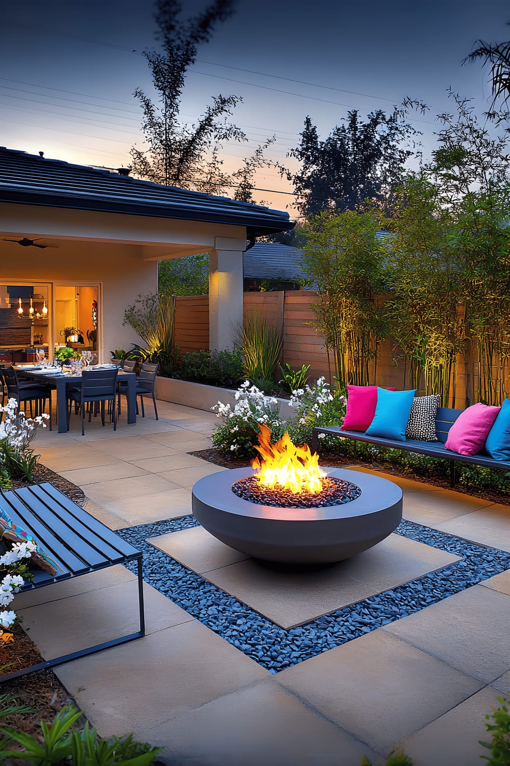 A well-furnished backyard featuring a fire pit surrounded by Adirondack chairs and a bench with vibrant blue and red pillows. Nearby, a dining table is set against a backdrop of lit trees and a private wall. The area boasts polished stone tiles, pebble borders, luminous planters with succulents and cascading vines, and a surrounding of lush greenery and bamboo.