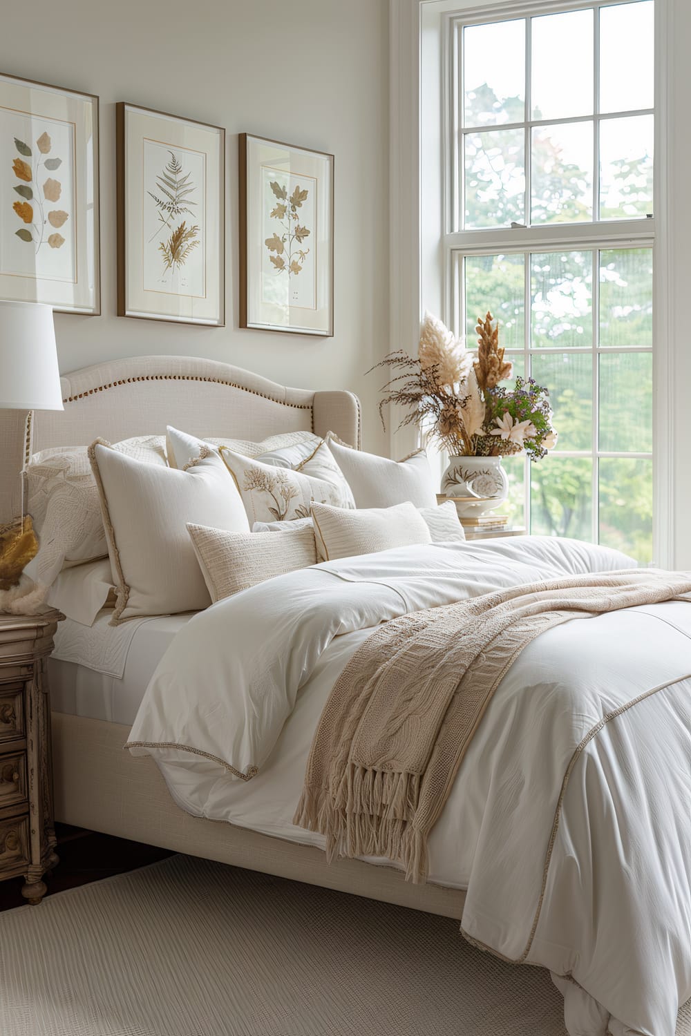 An elegantly styled bedroom featuring a beige upholstered bed with white and beige bedding and throw pillows. The bed is adorned with a knitted throw blanket, and a detailed side table holding a lamp. Above the bed, three framed botanical prints hang on the wall. A large window with panes allows natural light to illuminate the room, accentuating a vase with dried flowers on a stack of books on the windowsill.