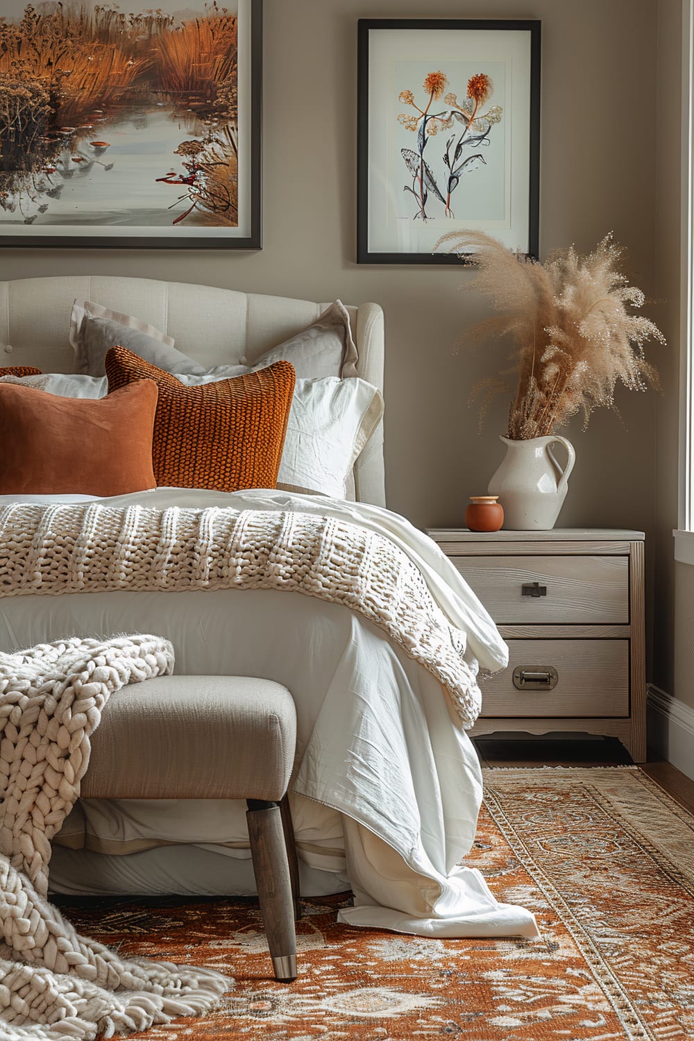 An elegant bedroom features a beige upholstered headboard with white linens and two orange textured pillows on top. A chunky knit blanket is draped over the bed. Beside the bed is a wooden nightstand holding a white ceramic jug filled with dried pampas grass and a small terracotta pot. Two framed botanical and landscape artworks hang on the taupe wall above the bed. An orange patterned area rug is partially visible beneath the bed and a bench at the foot of the bed.