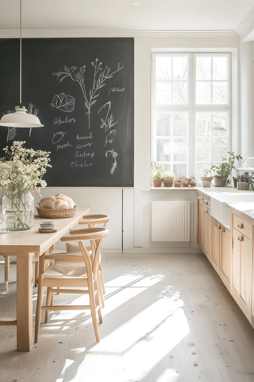 A large, bright Scandinavian-style kitchen with light oak cabinets and white countertops. A handwritten grocery list and minimalist botanical sketches adorn the chalkboard wall. Natural daylight illuminates the room, enhancing the effect of the clean, uncluttered aesthetic. Above a wooden dining table with two chairs, pendant lights add subtle charm.