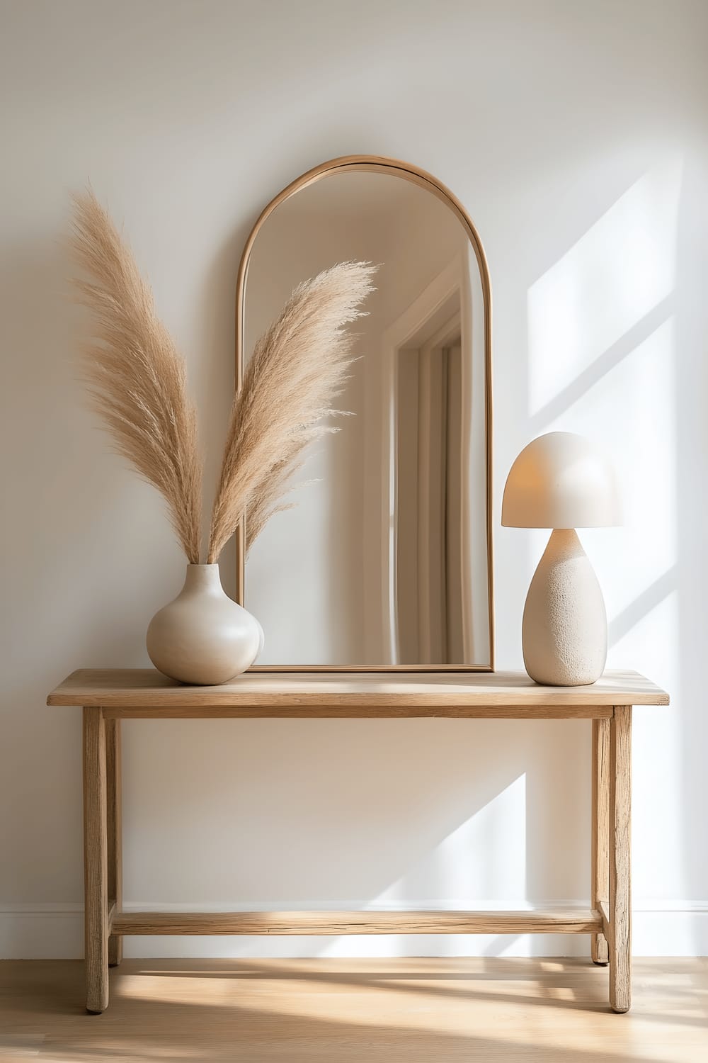 A minimalist home entryway featuring a sleek wooden console table beneath a large arched mirror. On the table, there is a sculptural ceramic lamp and a single dried pampas grass stem in a matte clay vase. The scene is lit by soft ambient lighting.