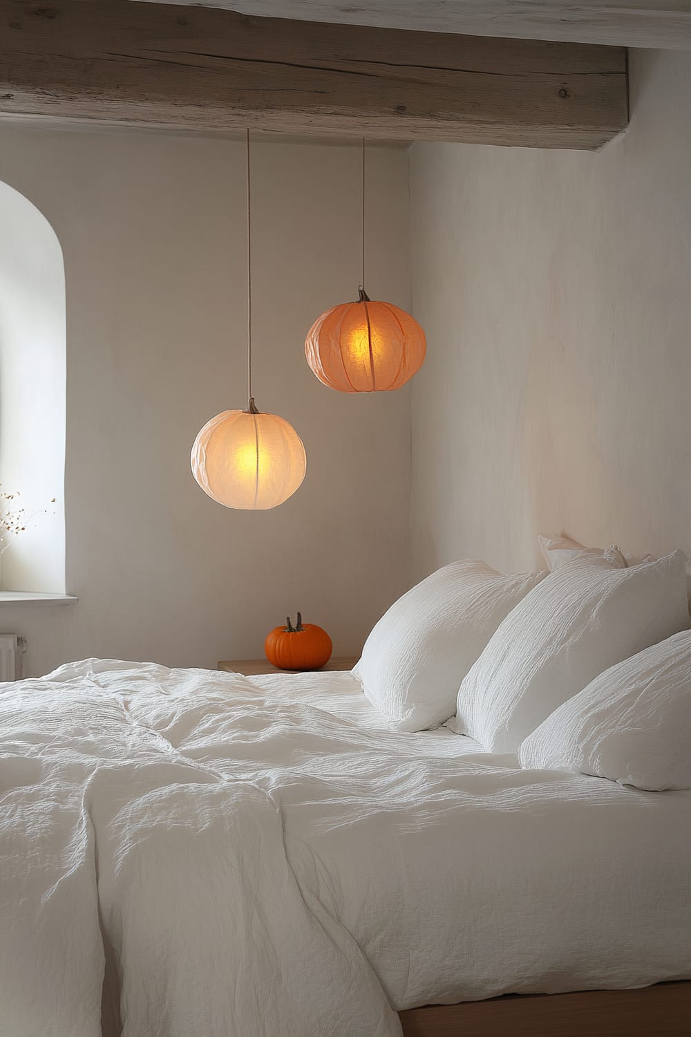 A minimalist bedroom interior features a neatly made bed with white bedding, two spherical hanging lights with an orange glow mimicking pumpkins, a small shelf holding a single pumpkin, and an exposed wooden beam on the ceiling.