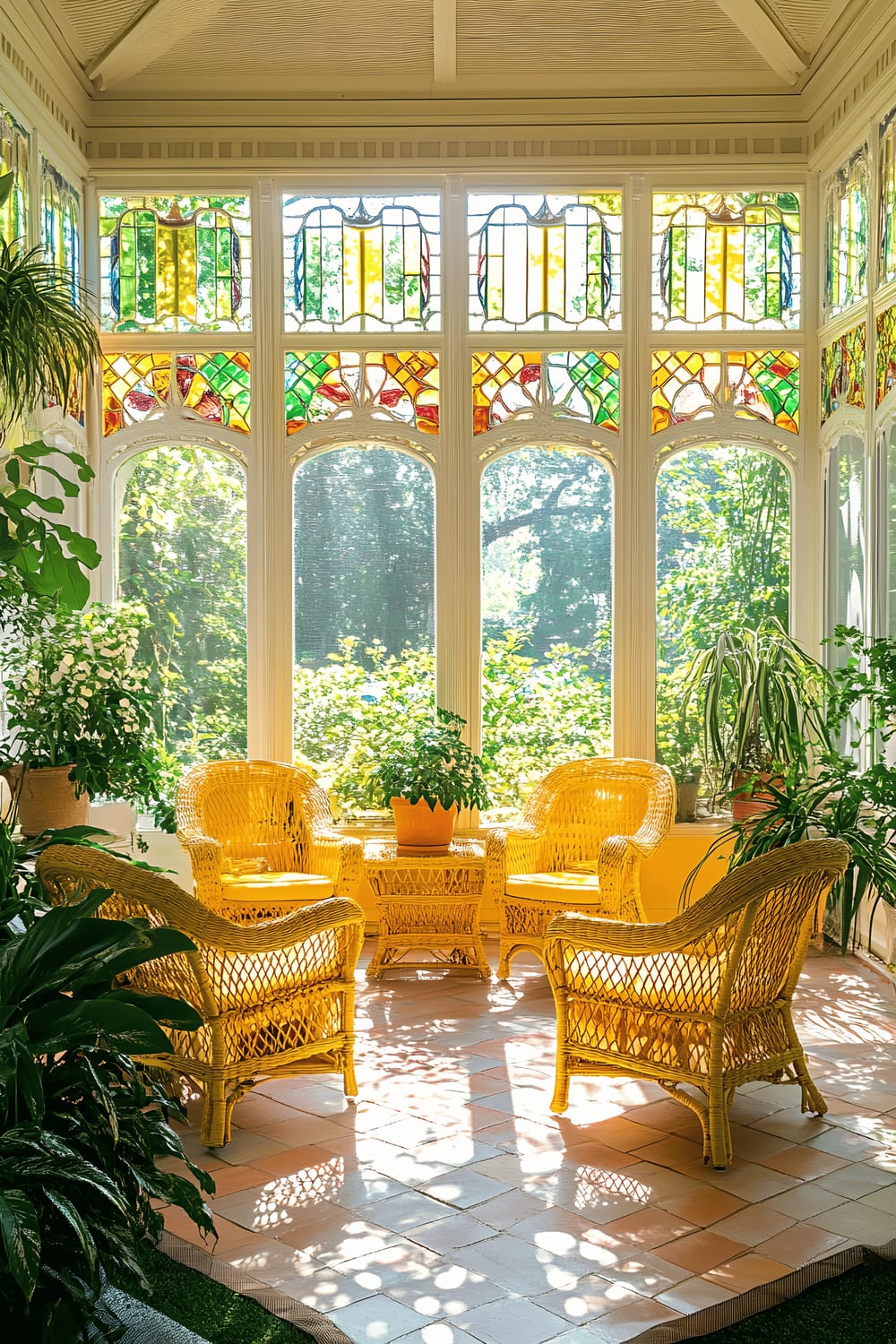 A sunroom featuring vibrant yellow wicker furniture, decorated with lush indoor plants. The room has large panoramic windows, with sunlight pouring in and creating dynamic patterns through colorful stained glass panels at the top.