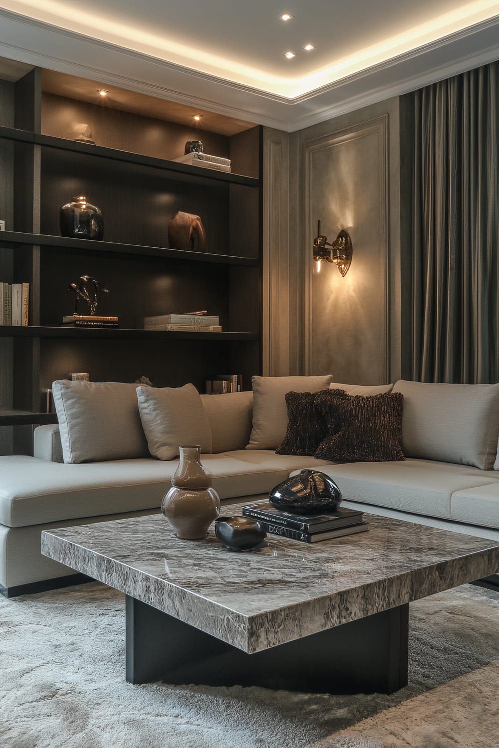 A contemporary living room featuring a large taupe sectional sofa and a marble coffee table on a plush wool rug. The backdrop includes a sophisticated dark wood shelving unit with curated objects such as ceramic vases, books, and abstract sculptures. Textured gray walls with architectural elements and warm lighting from scones enhance the inviting atmosphere.