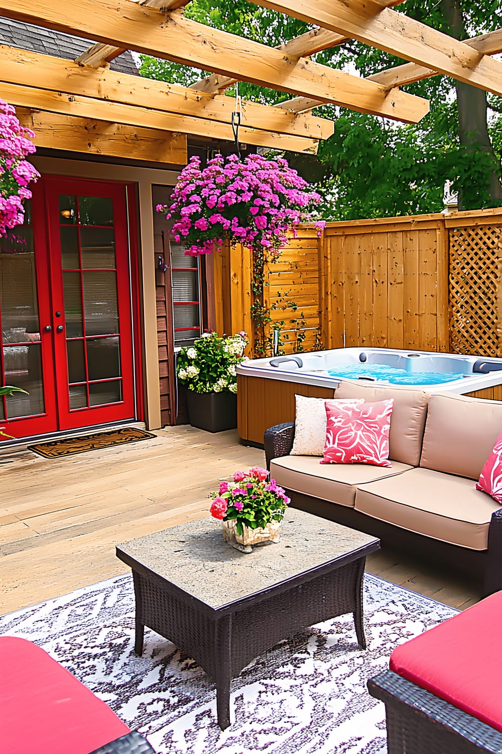 A vibrant outdoor patio with a wooden pergola decorated with hanging pink flower baskets. The patio features a beige cushioned sofa, pink lounge chair, and an intricately designed coffee table hosting a floral arrangement. There's a hot tub tucked into one corner, framed by wooden privacy panels. French doors with red frames lead into the house, and a patterned outdoor rug adds a unifying element to the space.