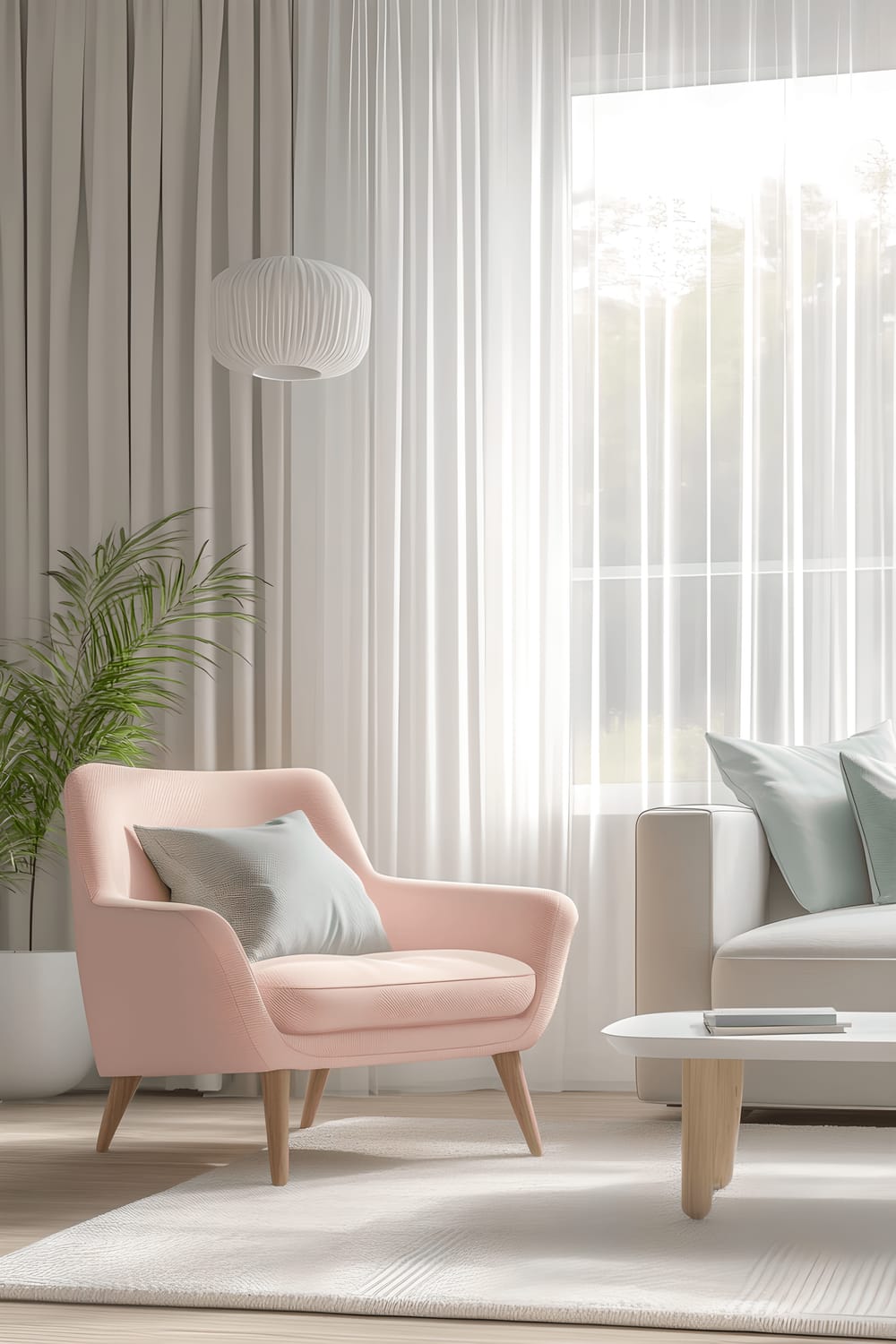 A small, minimalist living room illuminated by natural light from a large window. The room features a light pink mid-century modern armchair, a neutral-colored sofa adorned with pastel blue and mint green pillows, a white side table, and a simple pendant lamp hanging from the ceiling.