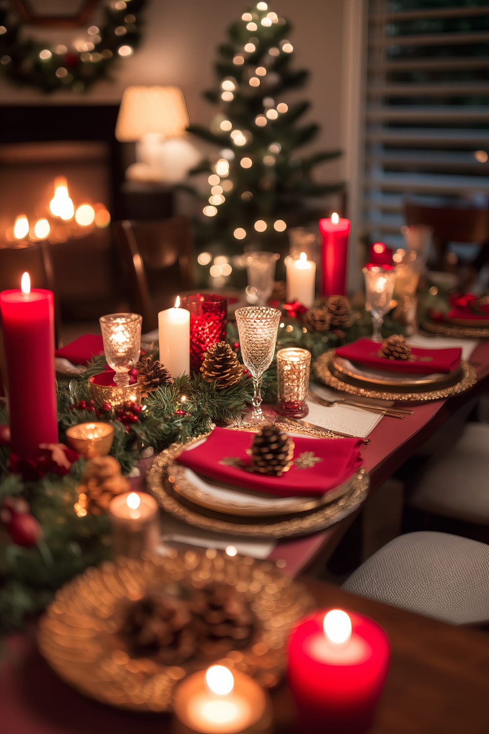 A warmly lit dining room decorated festively for a Christmas celebration. The dining table is elaborately set with red candles, pinecones, and greenery. Place settings feature ornamental plates with red napkins and pinecones atop, complemented by crystal glassware. A Christmas tree adorned with soft white lights stands in the background, alongside a cozy fireplace with a mantle adorned with a wreath.