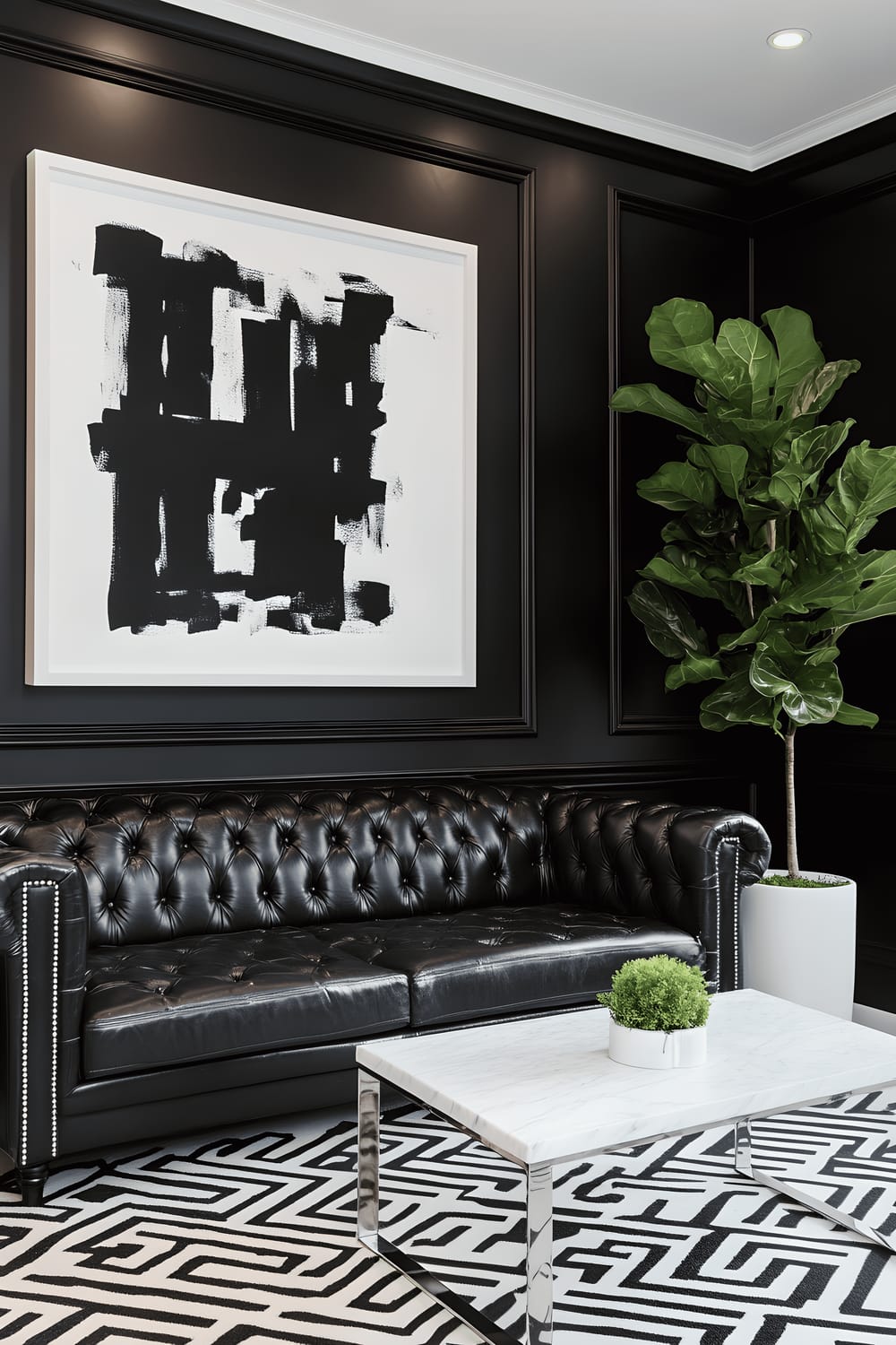 A small living room in a stark black and white color scheme. The room includes a black leather sofa against a white wall with black and white abstract wall art, a tall white fiddle leaf fig plant in a black pot, a white marble coffee table on a black and white geometric patterned rug, and bright clean lighting from recessed ceiling lights and a modern floor lamp.