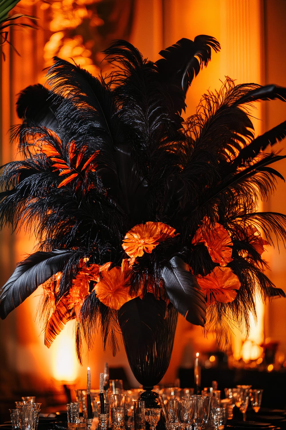 A striking table centerpiece features a large arrangement of black feathers interspersed with bright orange floral accents. The arrangement is illuminated by strong directional lighting, creating a high-contrast effect against the backdrop of warm, orange-lit walls. Below the centerpiece, an array of glassware and a few candles are arranged neatly on the table, contributing to an elegant and dramatic atmosphere.