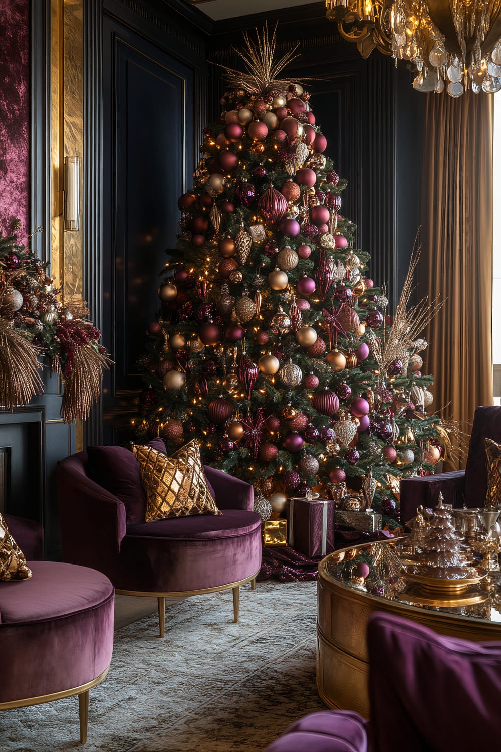 This opulent room features a grand Christmas tree adorned with burgundy, gold, and bronze ornaments, illuminated by soft, warm fairy lights. Luxurious burgundy velvet armchairs with gold decorative pillows flank a round, golden coffee table. The room has deep blue wall paneling, a golden chandelier, and an elegant, beige curtain. A rich, textured rug covers the floor.