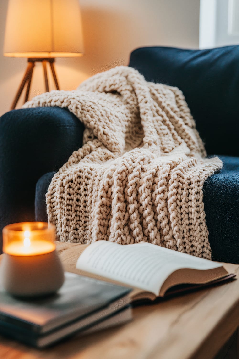 A close-up view of a plush, oversized knitted throw draped over a deep navy blue sofa. In front of the sofa, there is a wooden coffee table with a stack of hardcover books and a ceramic candle. Warm ambient lighting from a nearby floor lamp with a beige lampshade casts gentle shadows, emphasizing the soft textures and creating a cozy atmosphere.