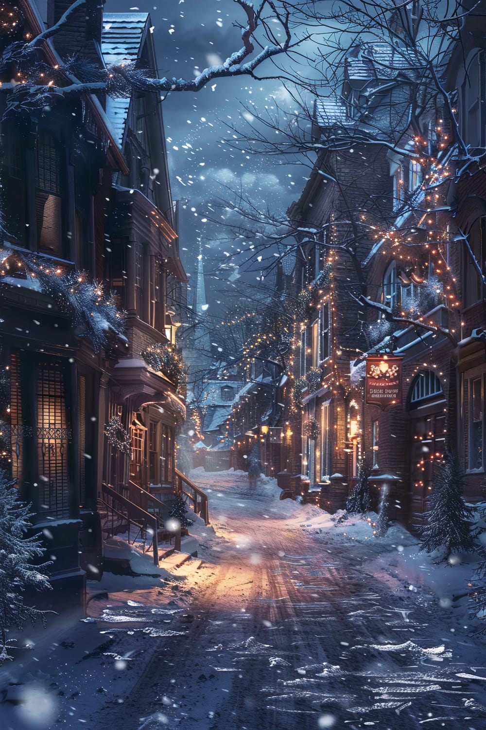 A nighttime winter scene with snow-covered streets and buildings adorned with warm, glowing lights. Snow is gently falling, and the ground is covered with a thin layer of snow, reflecting the soft glow of street lamps and house lights. The atmosphere is calm and serene, capturing the charm and tranquility of a historic, picturesque neighborhood during the winter season.