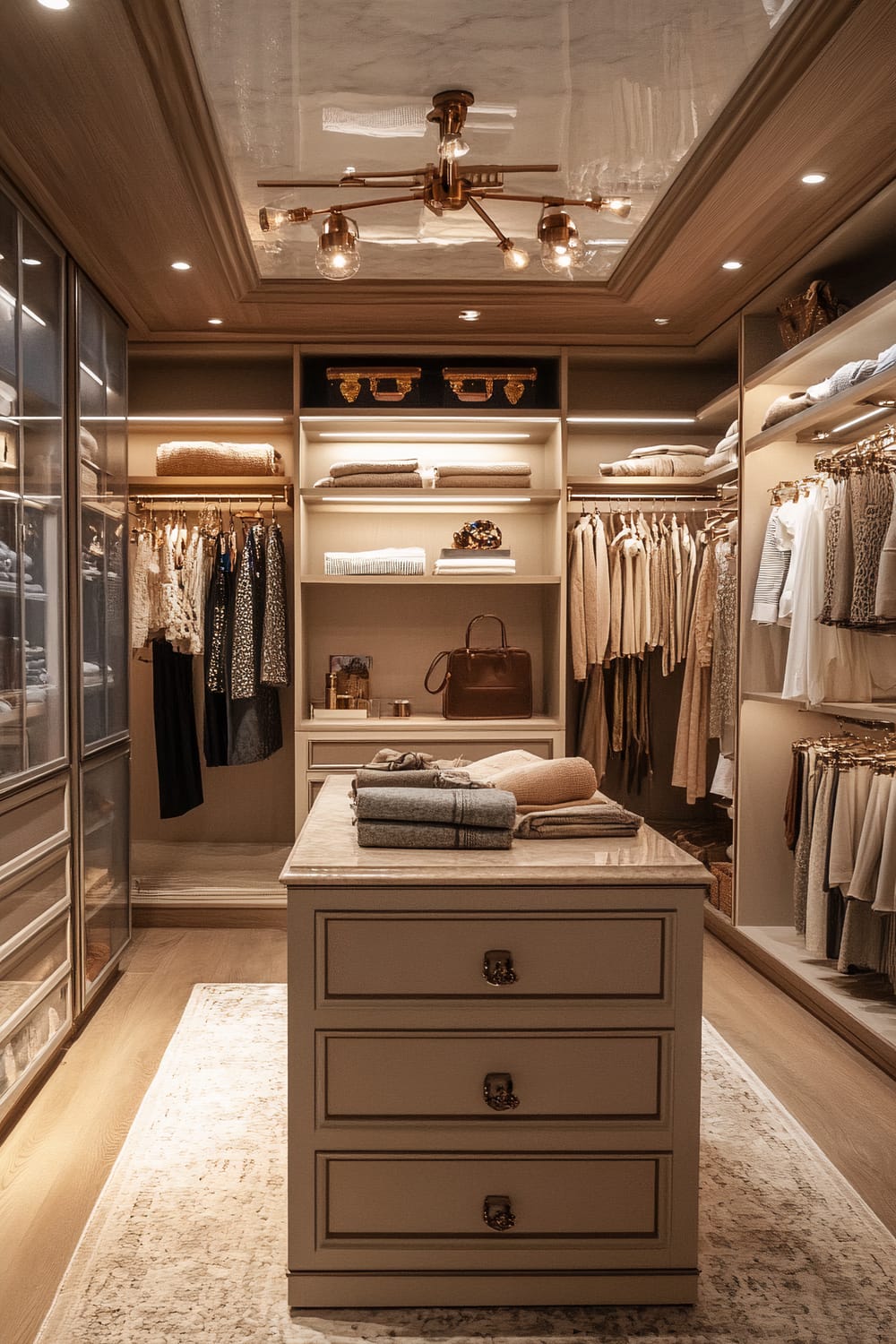 A well-organized walk-in closet with built-in shelves, hanging rods, and a central island for accessories and folded clothes. The closet features a mix of light and neutral tones, with ample lighting from recessed ceiling lights and a stylish chandelier. Clothes and accessories are neatly arranged, with drawers, cubbyholes, and hanging spaces optimizing the use of space.