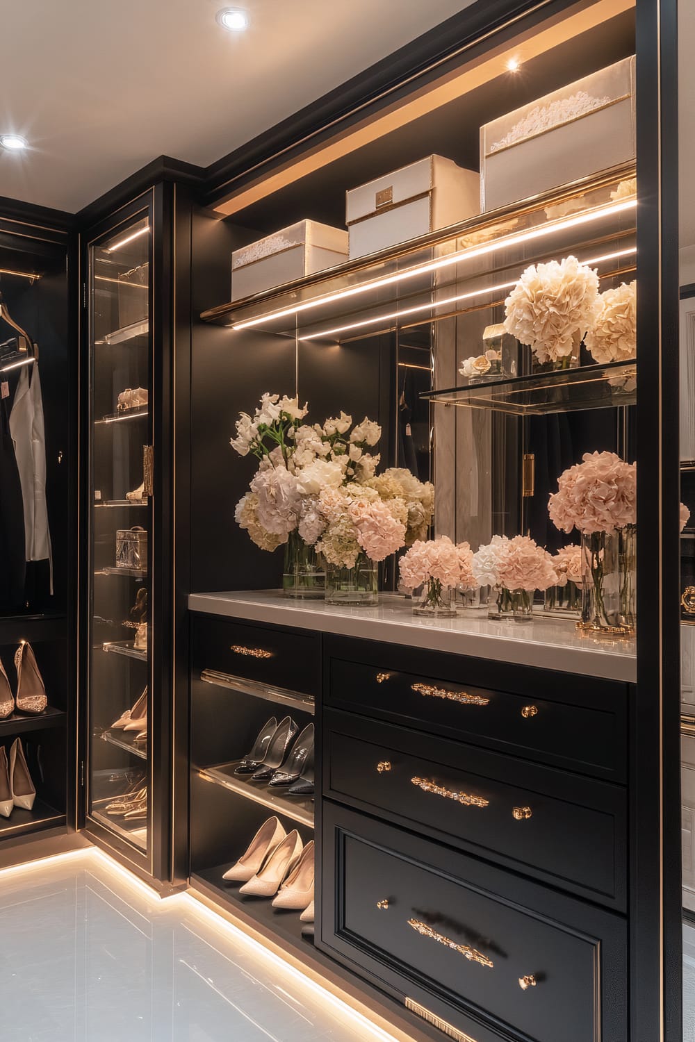 An opulent walk-in closet featuring dark cabinetry with gold accents, illuminated shelves housing luxury shoes, and a countertop adorned with lush floral arrangements. The space is highlighted with strategic lighting, creating a sophisticated and elegant ambiance.