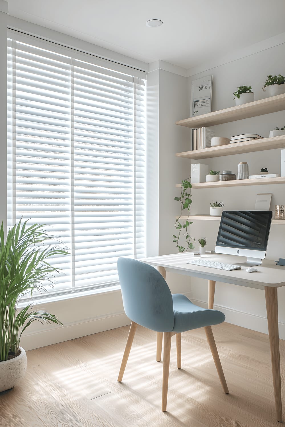 A well-lit home office in London with Scandinavian-inspired aesthetics. The office features a white desk, pastel blue ergonomic chair, and light oak shelves housing various books and items. A large window, shaded by minimalist blinds, allows for ample natural light. The room is adorned with a single green plant for a touch of nature.