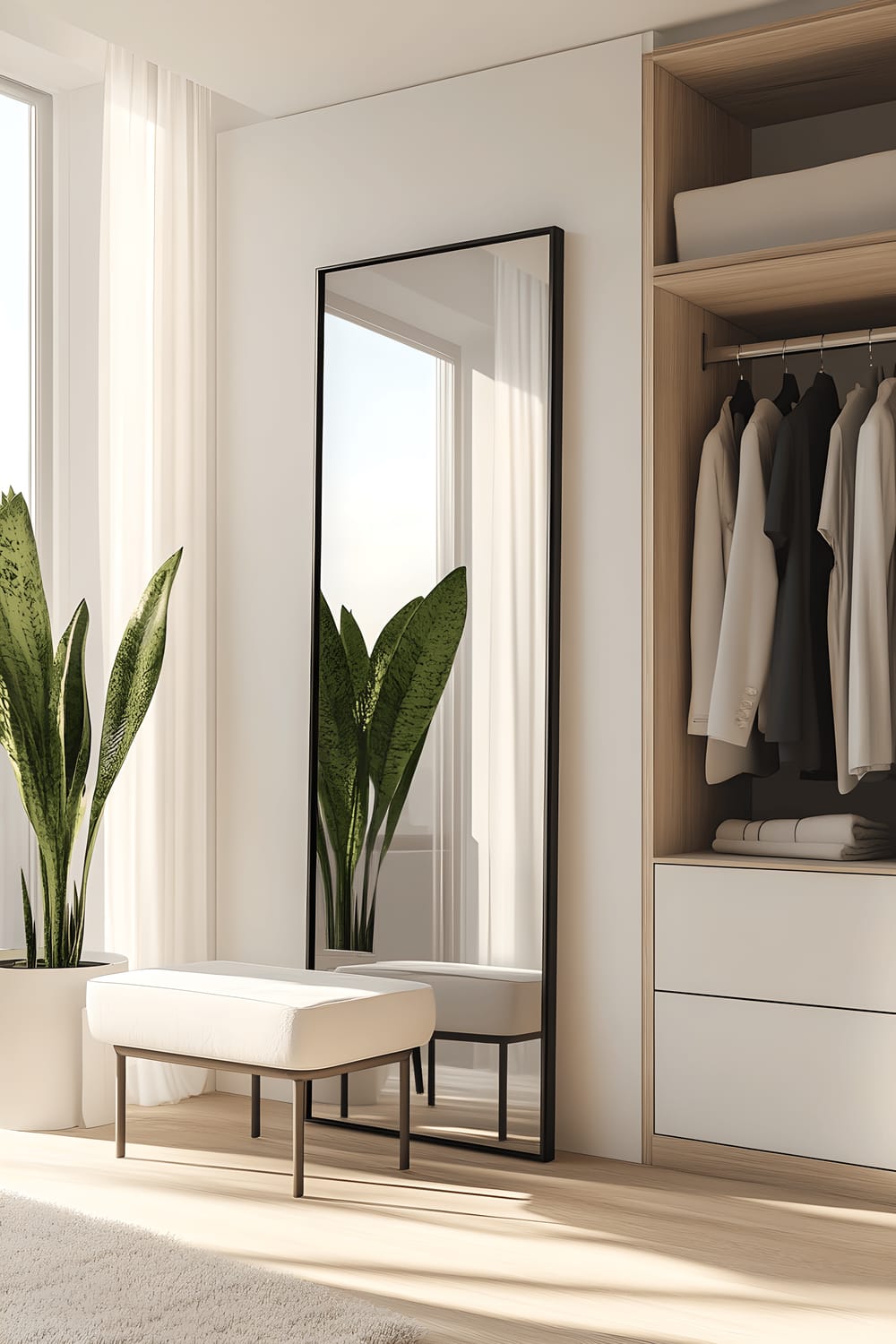 A spacious walk-in closet featuring light oak shelving and matte white cabinets. The closet is neatly organized with pastel-colored clothes hanging and white linen folded in drawers. A full-length mirror with a thin black frame stands against one wall, reflecting a large window. A minimalist white bench is placed beneath the mirror, and a potted snake plant in a white ceramic pot adds life to the scene.