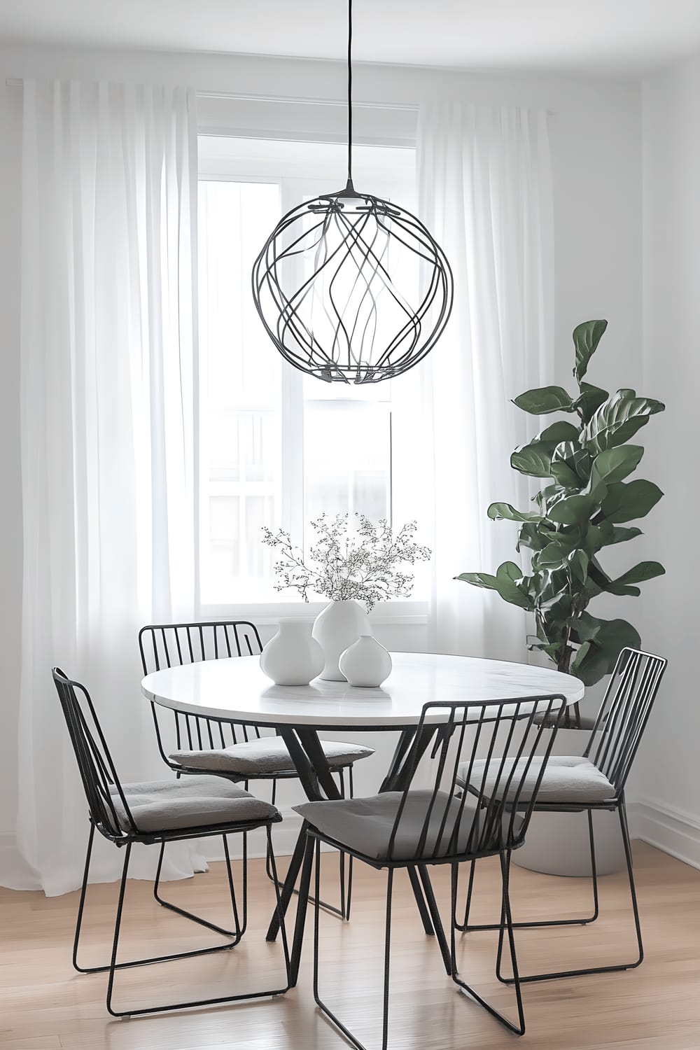 A serene dining nook with light oak flooring and bright white walls, featuring a round white marble dining table surrounded by black metal chairs with grey cushions. A contemporary geometric pendant light hangs above the table, casting a warm light over a simple white ceramic centerpiece adorned with a single sprig of eucalyptus. Light pours in from a large window adorned with light, airy curtains. A tall, healthy monstera plant stands in the corner, adding a touch of green.