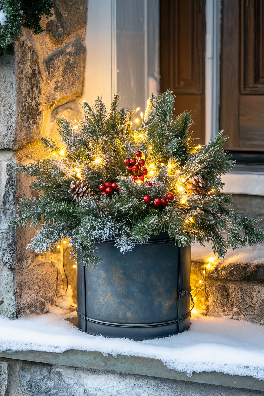 A vintage-style tin lantern planter with Blue Spruce, Boxwood, red berry branches, pinecones, and fairy lights on a snowy, ivy-covered porch.