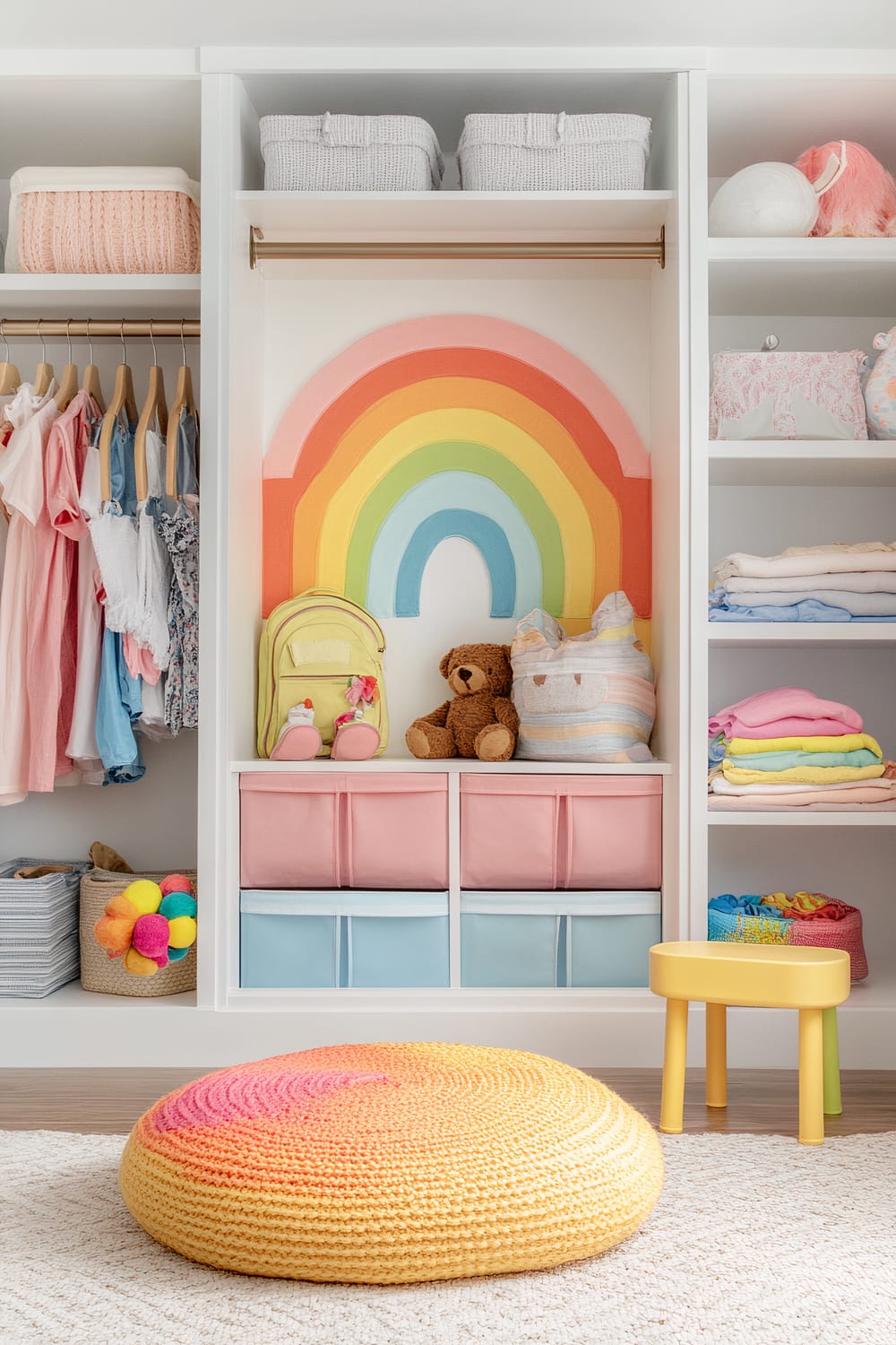 A child’s closet with bright rainbow-colored storage bins and cheerful decor. Open shelving displays toys, a teddy bear, folded clothes, and accessories. A rainbow mural on the back wall provides a colorful backdrop, and there are hanging rods with various clothes. Hooks hold a backpack and other items. The neutral-colored floor rug and a small colorful stool are also visible.