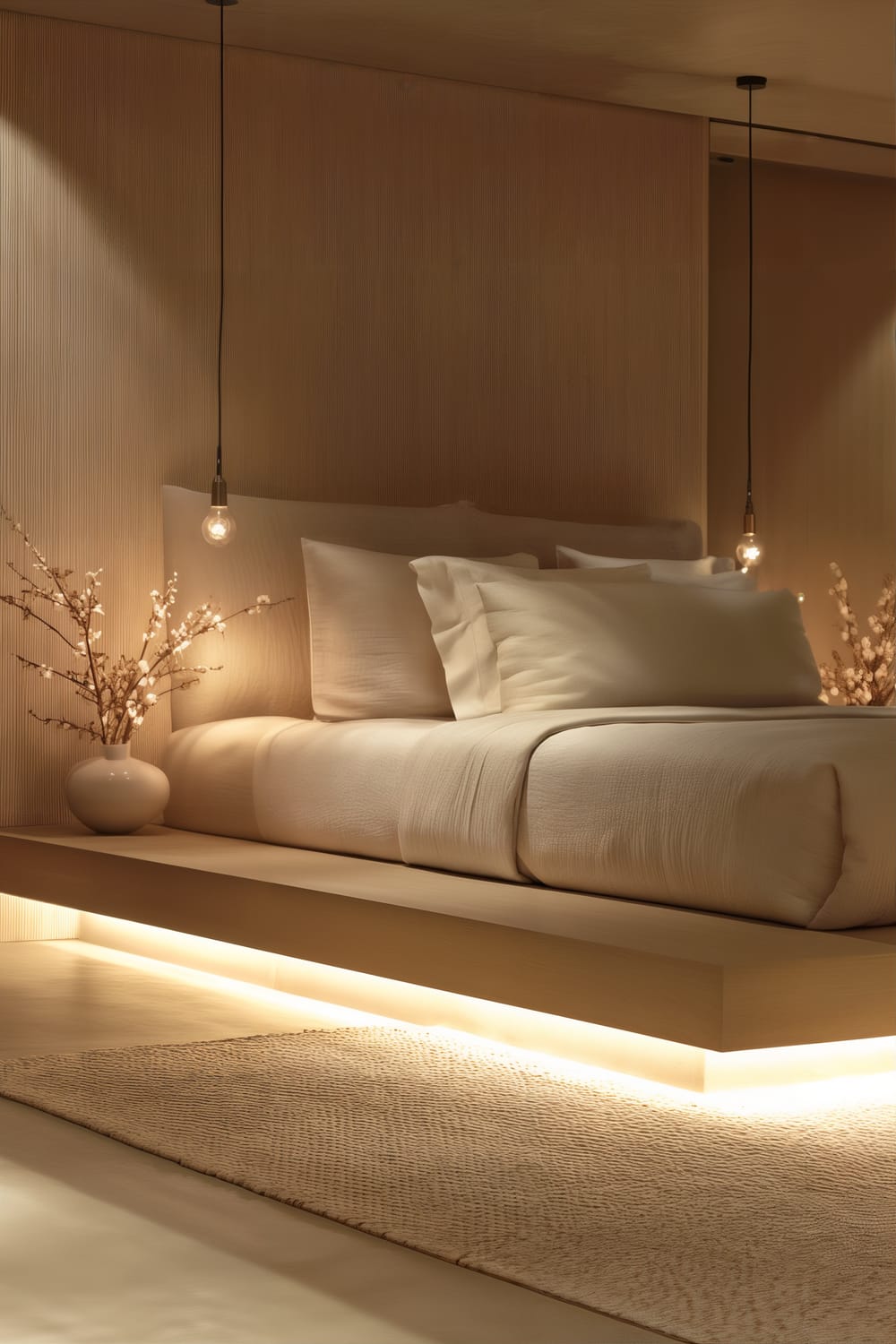 A modern bedroom featuring a floating bed with soft bedding in neutral tones. The bed is underlit, adding a warm glow to the minimalist setting. Pendant lights hang from the ceiling on either side of the bed, accompanied by small vases with branches as decor. The bed is positioned on a textured beige rug, and the room has a spacious, airy feel with soft, diffused lighting.