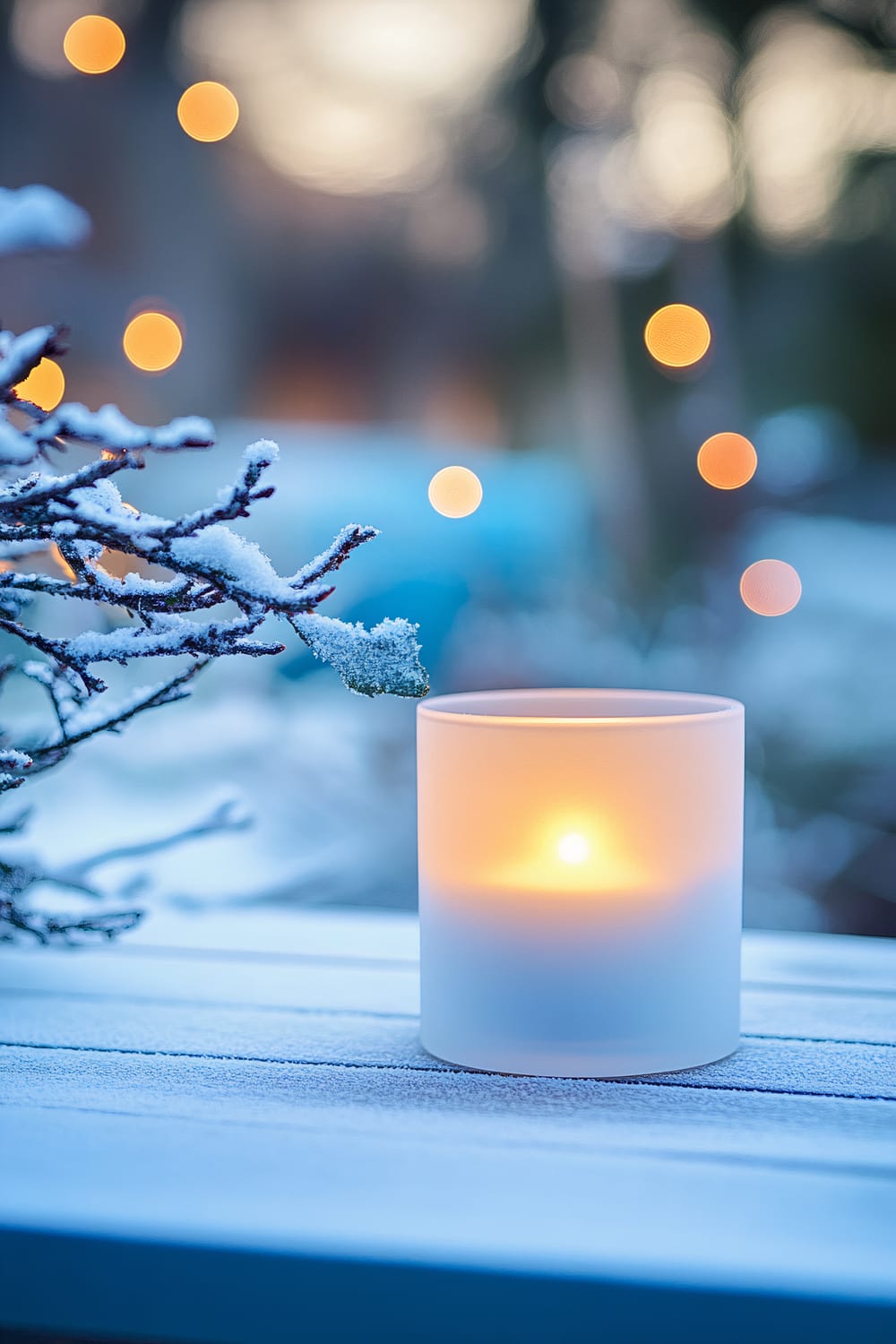 An elegant frosted glass candle holder with a glowing white candle sits on a minimalist wooden porch table. The table is lightly dusted with snow, and a snow-covered tree branch is visible nearby. Soft blue ambient lighting and warm bokeh lights in the background create a serene and festive atmosphere.