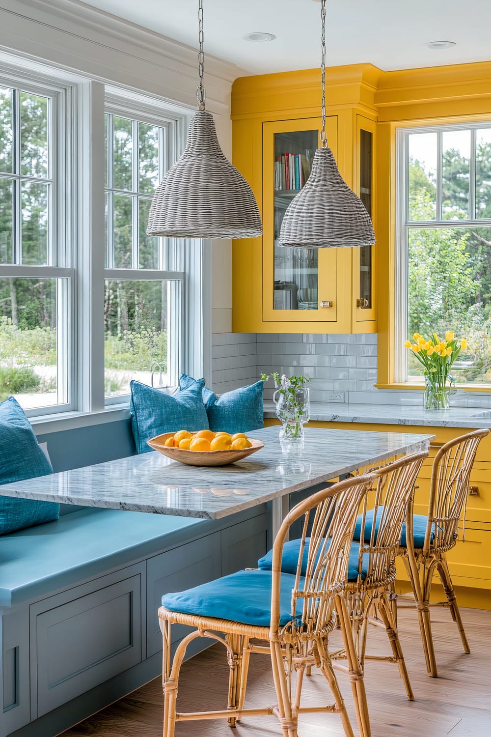 This image features a bright and vibrant breakfast nook. The space is highlighted by large windows that let in natural light, blue pillows on a window bench, yellow cabinets, wicker chairs with blue cushions, a marble table, wicker pendant lights, and a bowl with oranges at the center of the table.