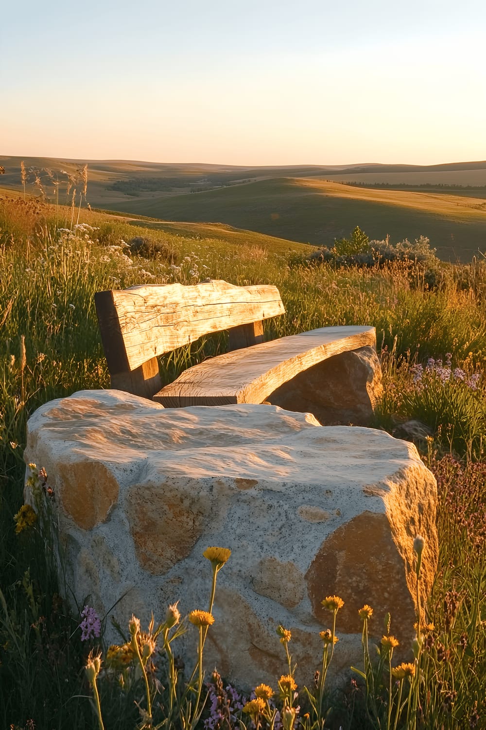 A picturesque seating nook nestled into a verdant hillside overlooking a sweeping panorama of undulating landscape and the gentle hues of a setting sun. The bench, crafted from an amalgamation of large river rocks and sturdy wooden planks, sits amid flourishing wildflowers and tall grasses. The image captures a serene moment of solitude and tranquility, enhanced by the warm and inviting glow of the fading sunlight.