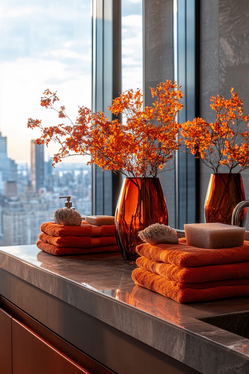 A bathroom counter features stacked orange towels, a beige soap bar, and a bath brush. In the foreground is a large reddish glass vase with vibrant orange foliage. The counter is polished gray stone, and the scene reflects against a mirror. Floor-to-ceiling windows offer a cityscape view under a bright sky.