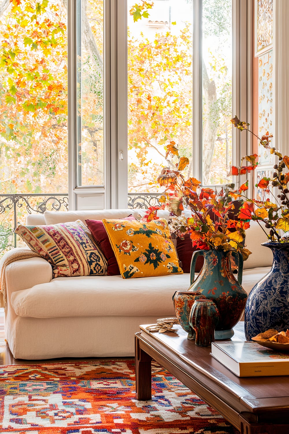 A sunlit living room with large windows showing trees with autumn leaves. A cream-colored sofa adorned with vibrant, patterned cushions in tones of gold, maroon, and burgundy sits against the window. In front of the sofa is a wooden coffee table with decorative vases containing autumnal floral arrangements and a few books. A colorful patterned rug covers the wooden floor.