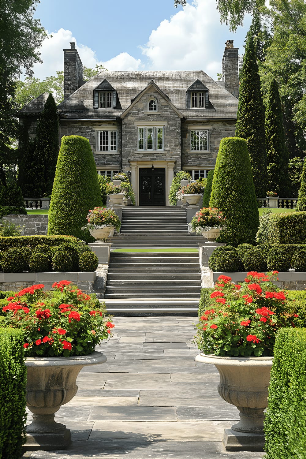 A grand front yard featuring wide stone stairs leading up to an elegant entrance. The stairs are framed by expertly shaped topiary trees, large urn planters, and symmetrical flower arrangements.