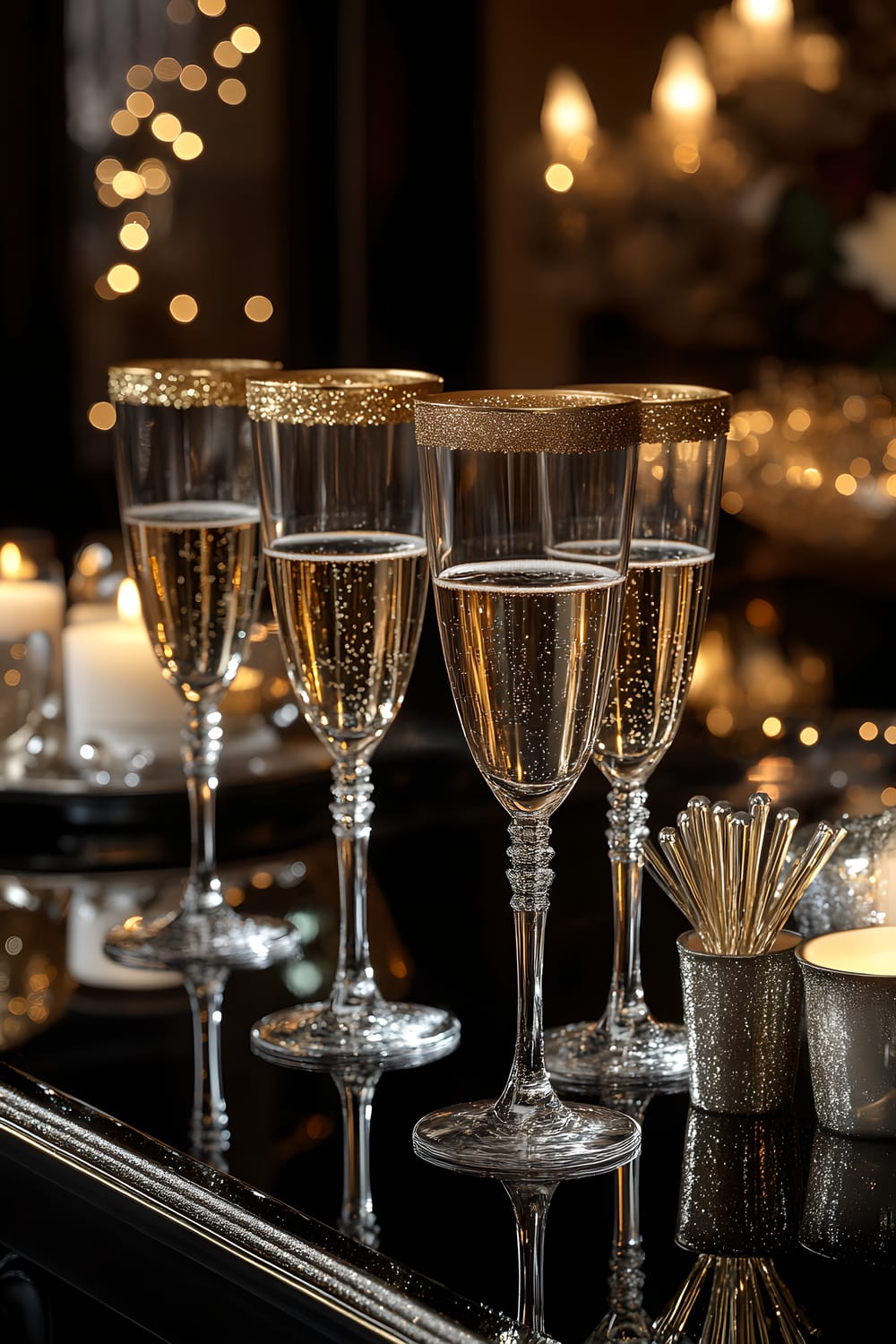 A festive table setting showcasing five crystal champagne flutes filled with bubbly champagne, each highlighted by a gold glitter rim. Assorted party accessories such as mini gold confetti poppers and three small silver candle holders with white candles are placed nearby. The table setting is on a mirrored black surface, with a bright ambient light complementing the celebratory atmosphere.