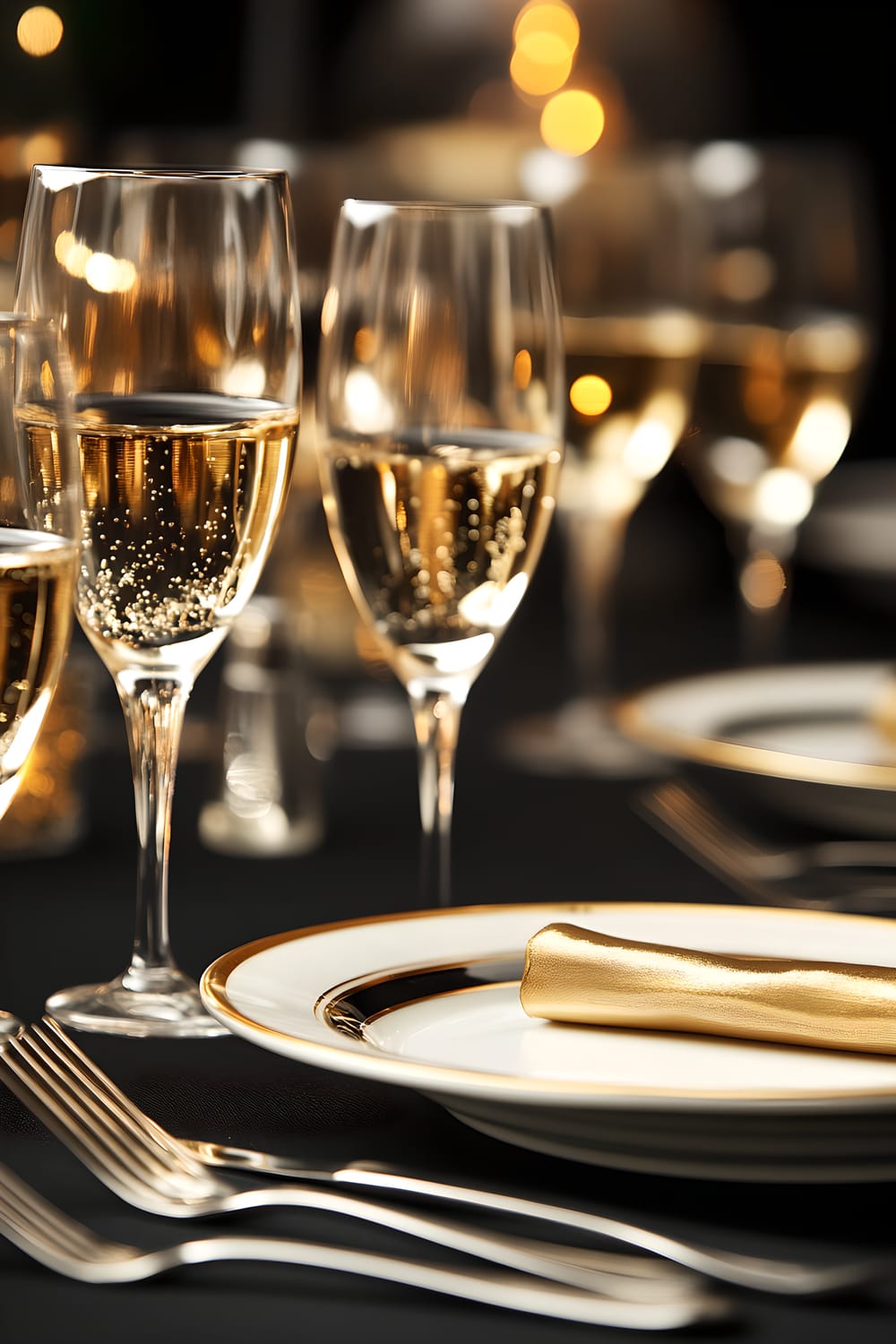 A close-up image of a sophisticated dinner table set-up. The arrangement features four white plates with gold rims, four sets of polished silver flatware, and four wine glasses filled with sparkling wine. Each place setting includes a gold napkin elegantly folded beside the plate. The dining setup is contrasted beautifully against a deep black tablecloth. A muted charcoal background keeps the focus firmly on the setting. Soft, warm lighting adds a touch of charm to the scene.