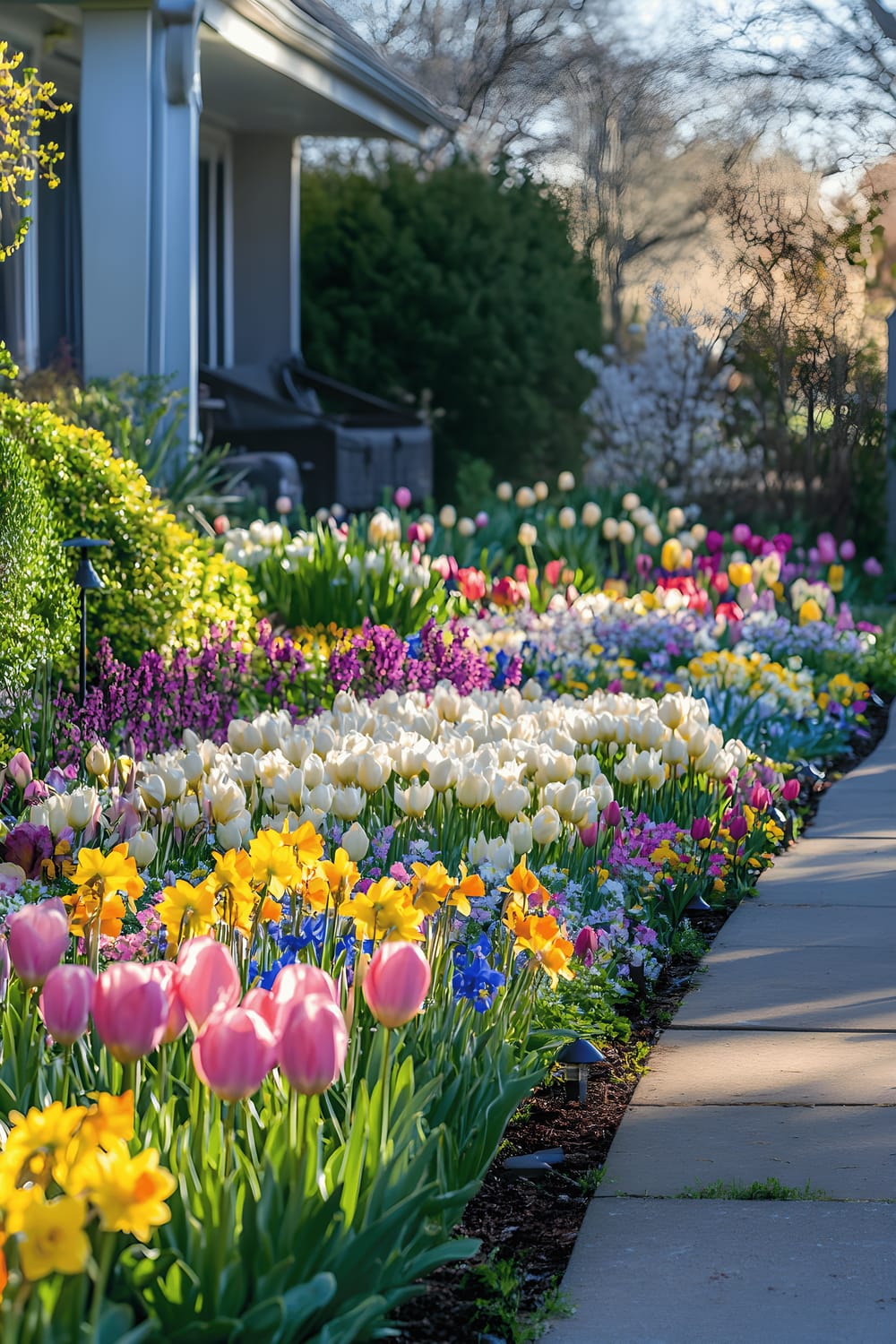 A vibrant front yard garden filled with a variety of spring flowers including daffodils, tulips, and snapdragons nestled in colorful garden beds, illuminated by soft natural daylight. A small pathway fitted with solar lights gently winds its way through the garden, suggesting an inviting stroll through nature's beauty.