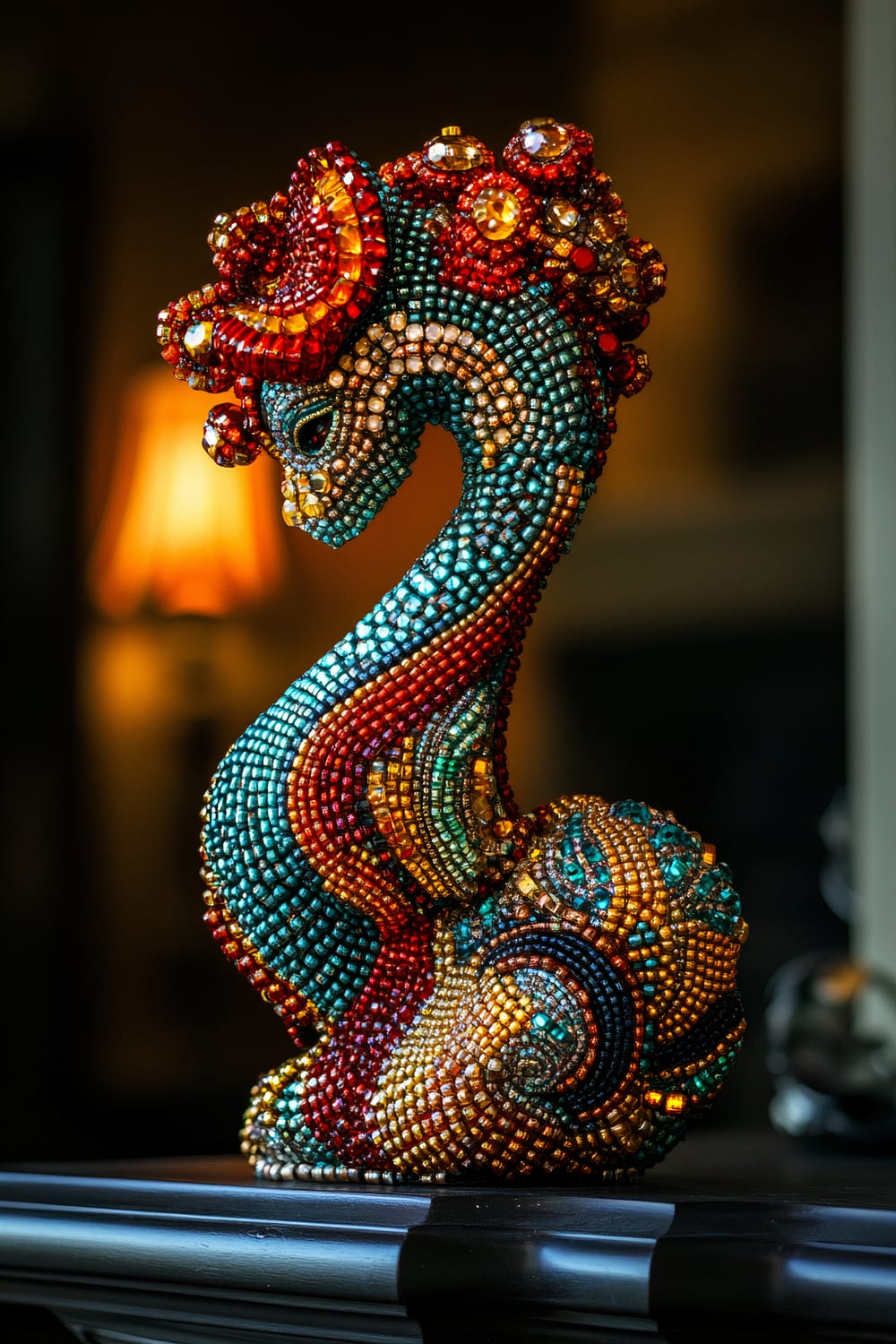 A handcrafted beaded figurine on a mantel, decorated with shimmering glass beads in vibrant red, gold, and turquoise colors. The figurine is glowing softly in the light. The background is dark and slightly out of focus, making the intricate bead patterns stand out.