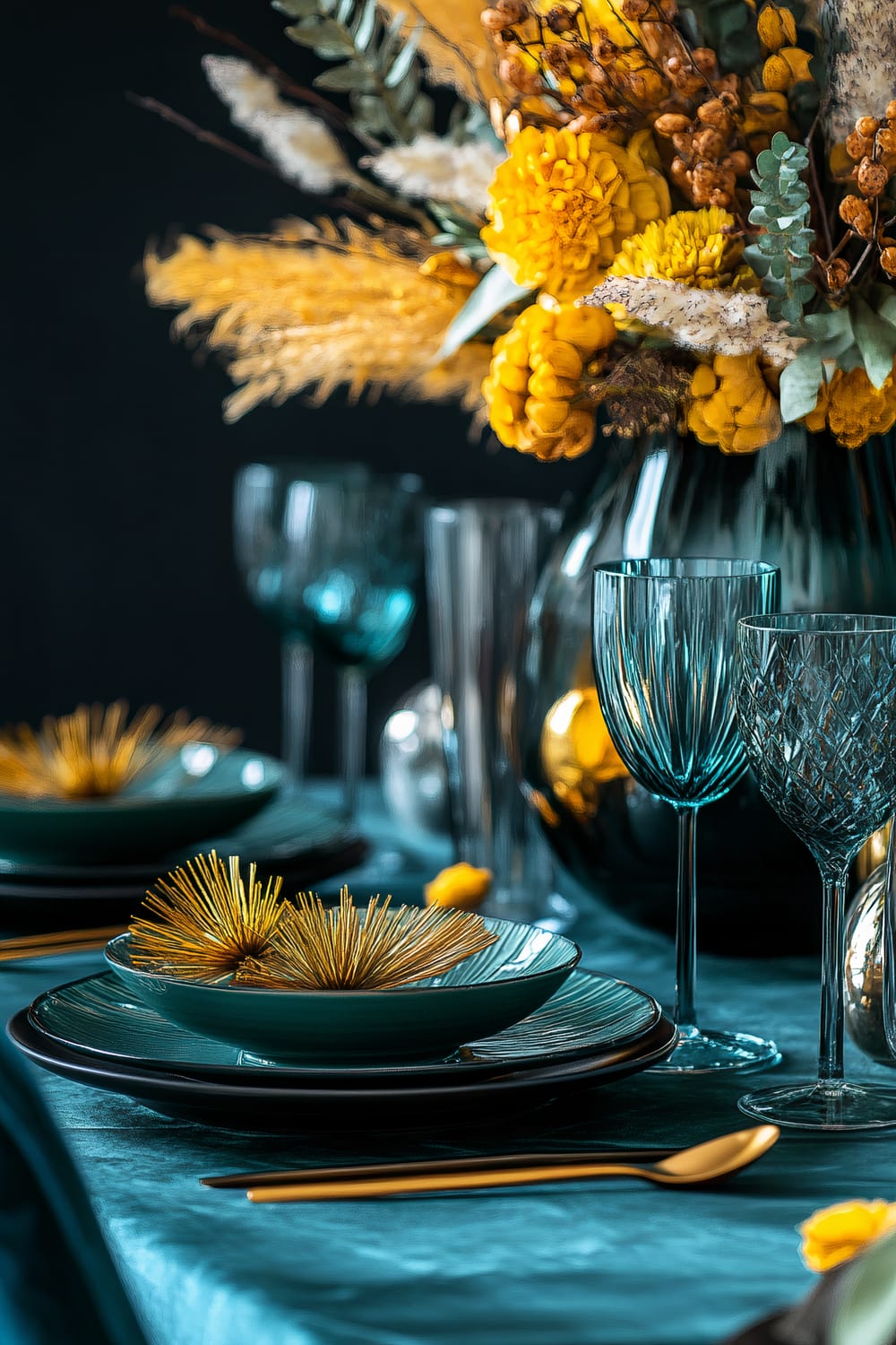 A contemporary Thanksgiving dinner setting featuring a bold teal and mustard yellow color palette. The table is adorned with sleek, minimalist tableware, striking metallic accents, and a large statement centerpiece with vibrant yellow flowers and contrasting textures. The scene is enhanced by moody overhead lighting, adding depth and sophistication.