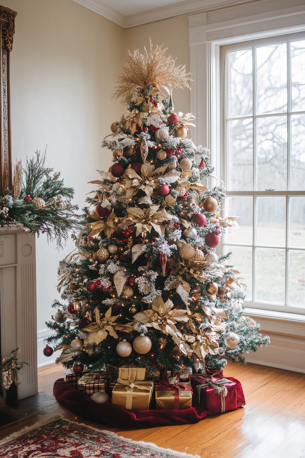 A beautifully decorated Christmas tree is prominently displayed in a bright room. The tree is adorned with gold and red ornaments, glittering poinsettia flowers, and frosted branches. At the top of the tree, there is a striking arrangement of golden branches radiating outwards. Beneath the tree, a variety of wrapped presents are arranged on a red velvet tree skirt. A large window to the right allows natural light to bathe the room, highlighting the festive decor. On the left, part of a decorative fireplace mantle can be seen, which also has some greenery and ornaments.