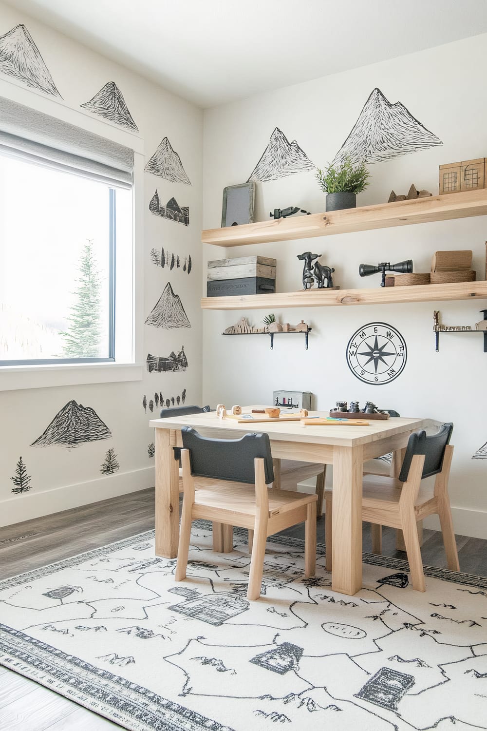 Adventure-themed playroom with mountain wall decals, a map-patterned rug, shelves with binoculars and small outdoor toys, and a child-sized table and chairs in the center.