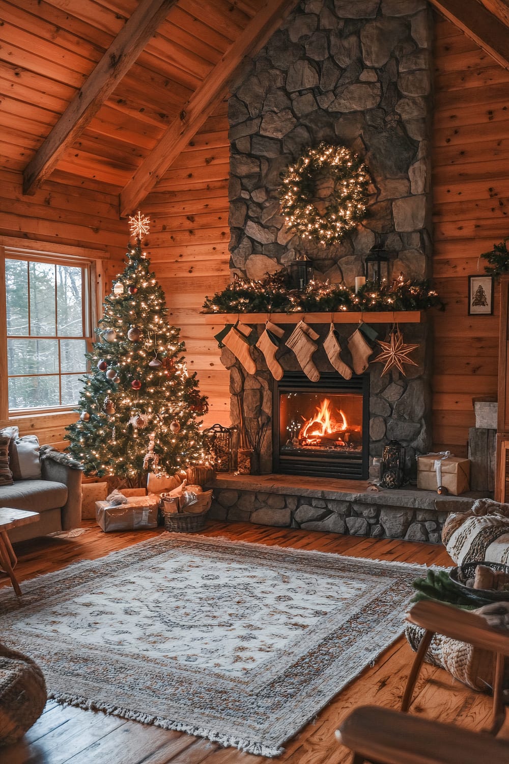 An inviting living room features rustic wooden walls and a high ceiling with wooden beams. A large stone fireplace with a blazing fire serves as a focal point, adorned with a wreath of glowing lights and festive decorations. Five Christmas stockings hang from the mantel, which is garnished with greenery. A decorated Christmas tree with lights and ornaments stands to the left of the fireplace. Wrapped presents are arranged under the tree and next to the fireplace. The room is further enhanced by a patterned area rug, a cozy gray armchair, and other comfortable, inviting furnishings.