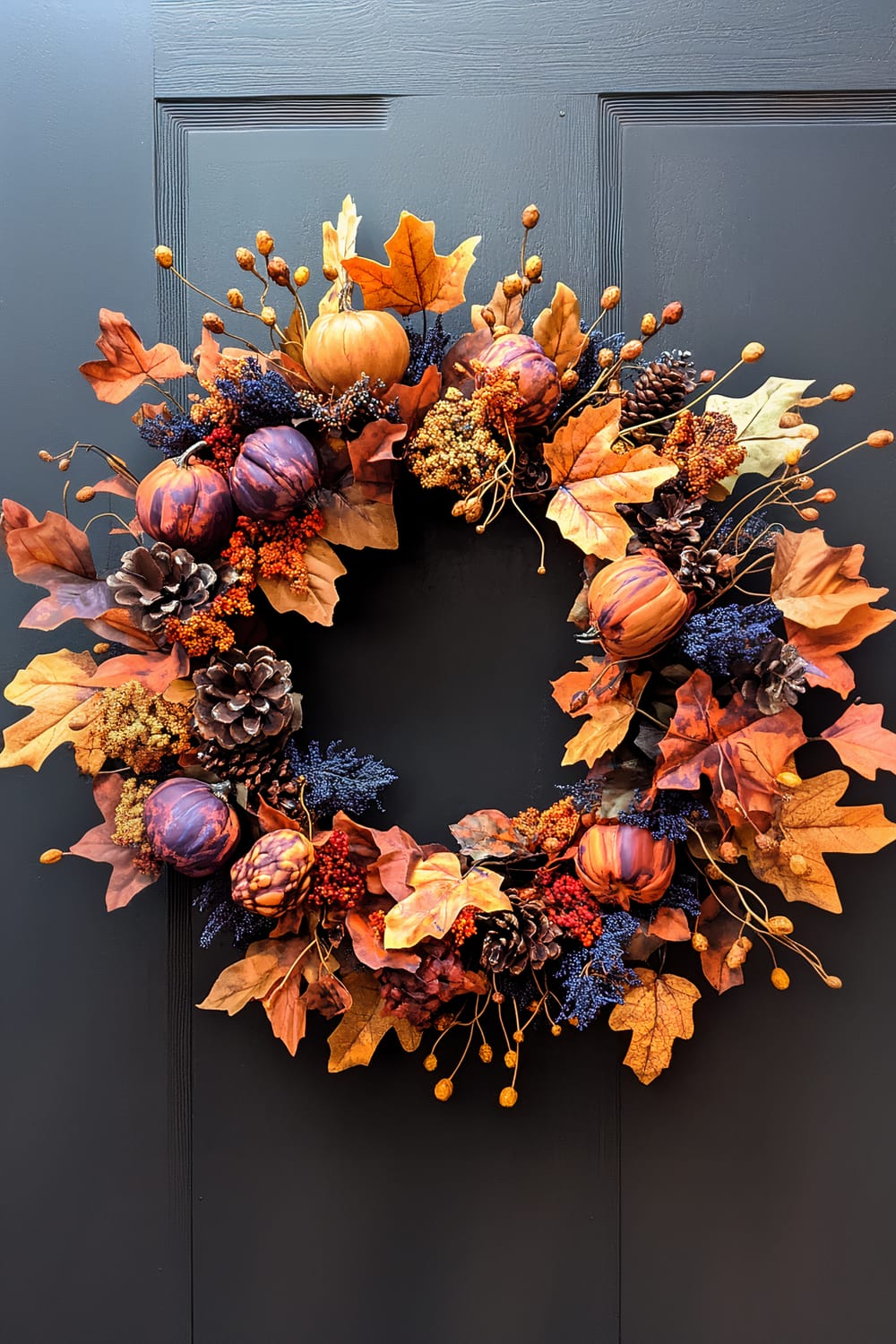 A vibrant autumn wreath is displayed against a dark door, festooned with an array of fall decorations. The wreath incorporates artificial pumpkins in shades of orange and purple, pinecones, dried leaves in various autumn hues, and bunches of berries in both deep blue and orange tones. The composition evokes a rich, warm feeling, perfect for seasonal decor.