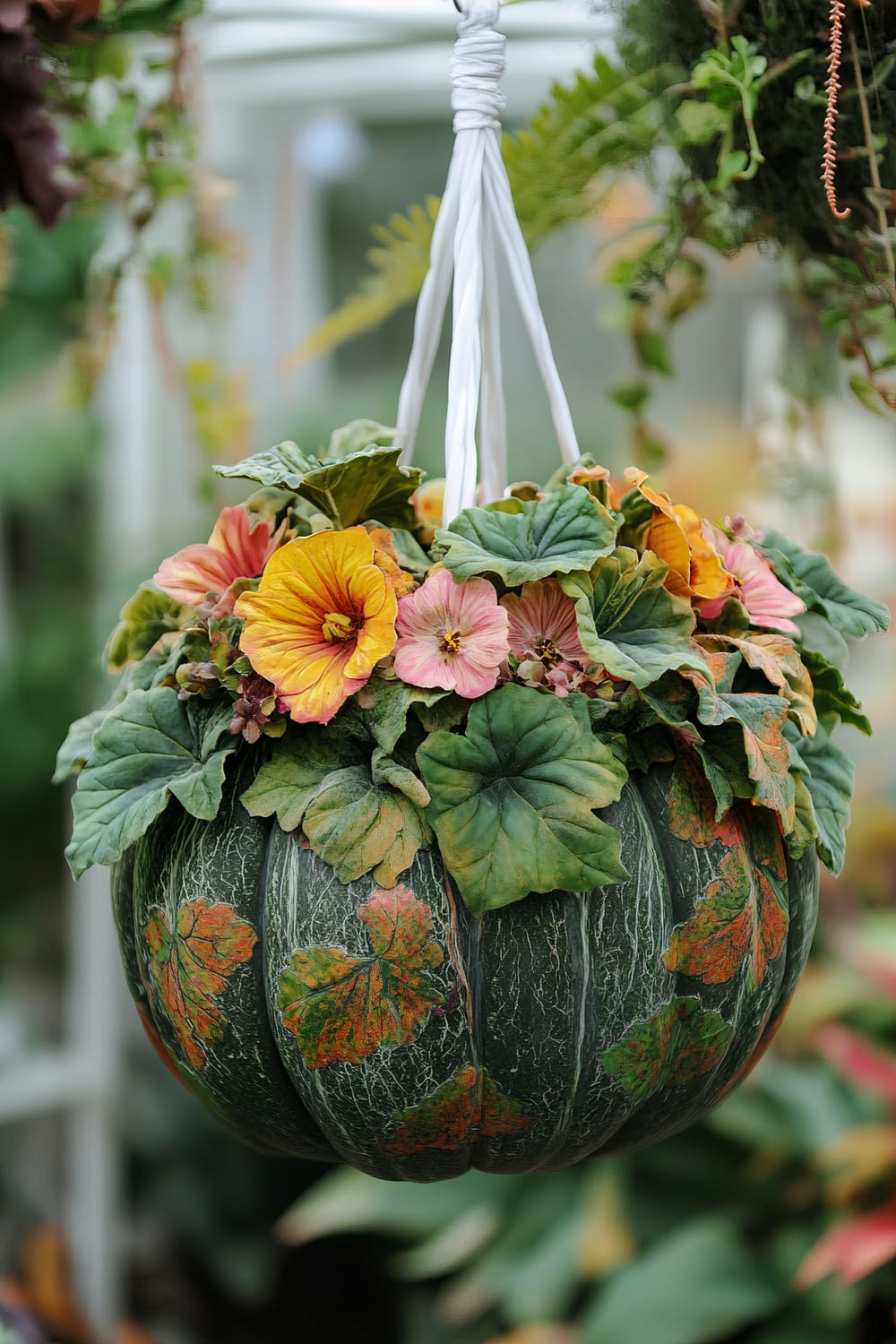 A hanging planter fashioned from a green pumpkin with orange and red patches, used to house a lush arrangement of pink and yellow flowers and green leaves. The planter is suspended by white ropes in a garden setting, with a blurred background featuring foliage and light peeking through.